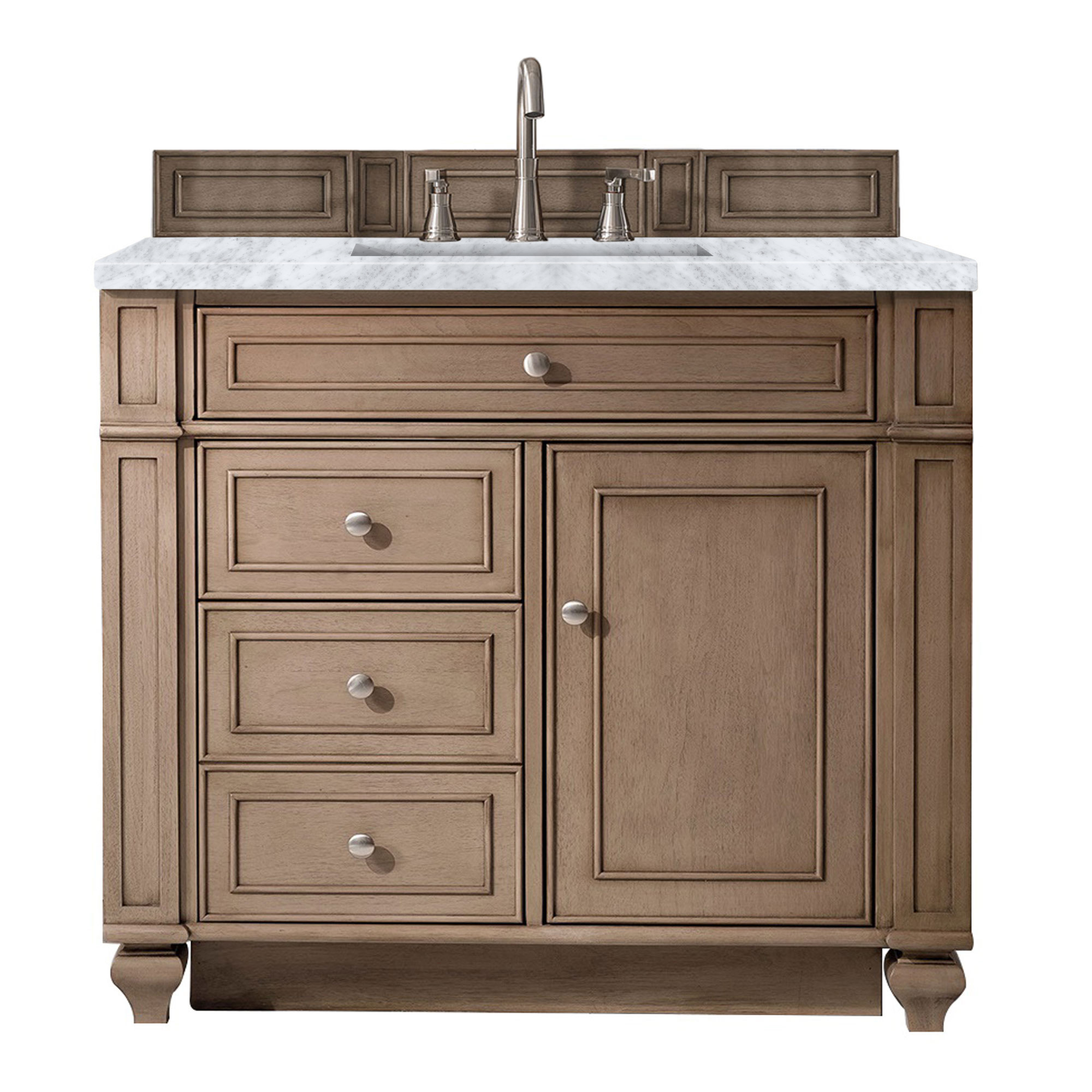 James Martin 157-V36-WW-3CAR Bristol 36" Single Vanity Whitewashed Walnut w/ 3 CM Carrara Marble Top