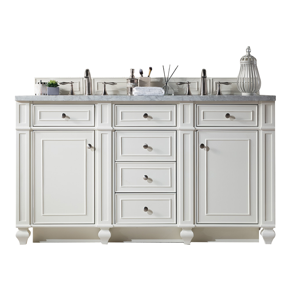 James Martin 157-V60D-BW-3CAR Bristol 60" Double Vanity, Bright White w/ 3 CM Carrara Marble Top