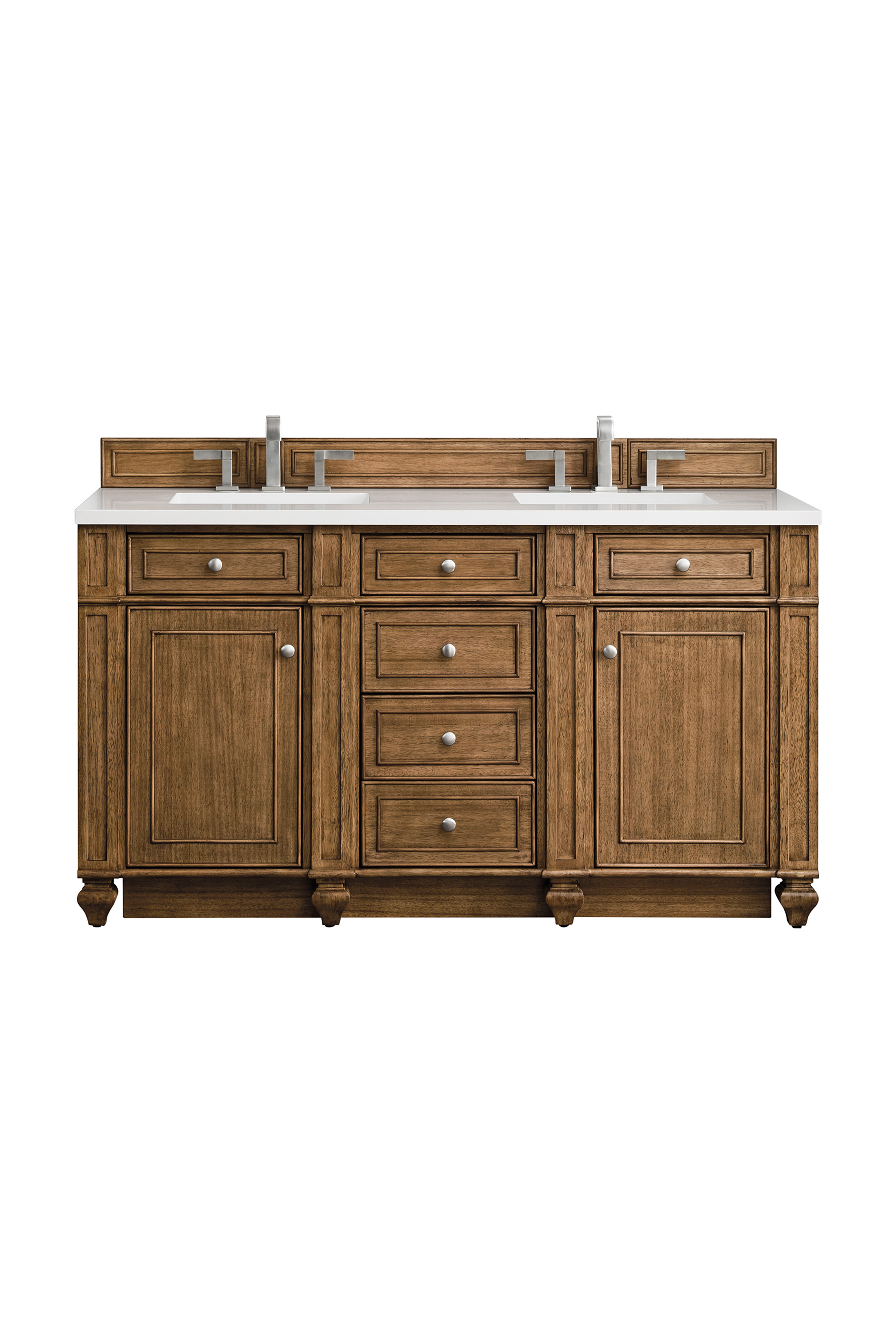 James Martin 157-V60D-SBR-3CLW Bristol 60" Double Vanity, Saddle Brown, w/ 3 CM Classic White Quartz Top