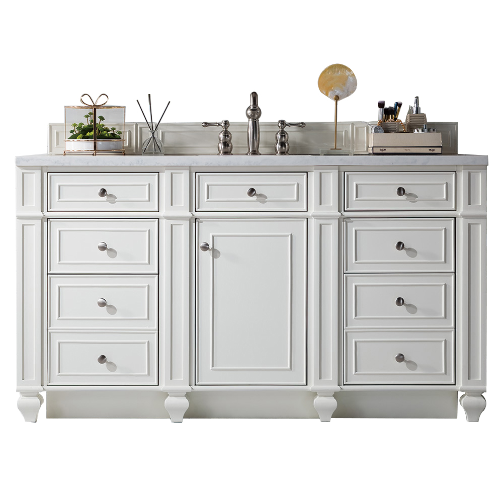 James Martin 157-V60S-BW-3CAR Bristol 60" Single Vanity, Bright White w/ 3 CM Carrara Marble Top