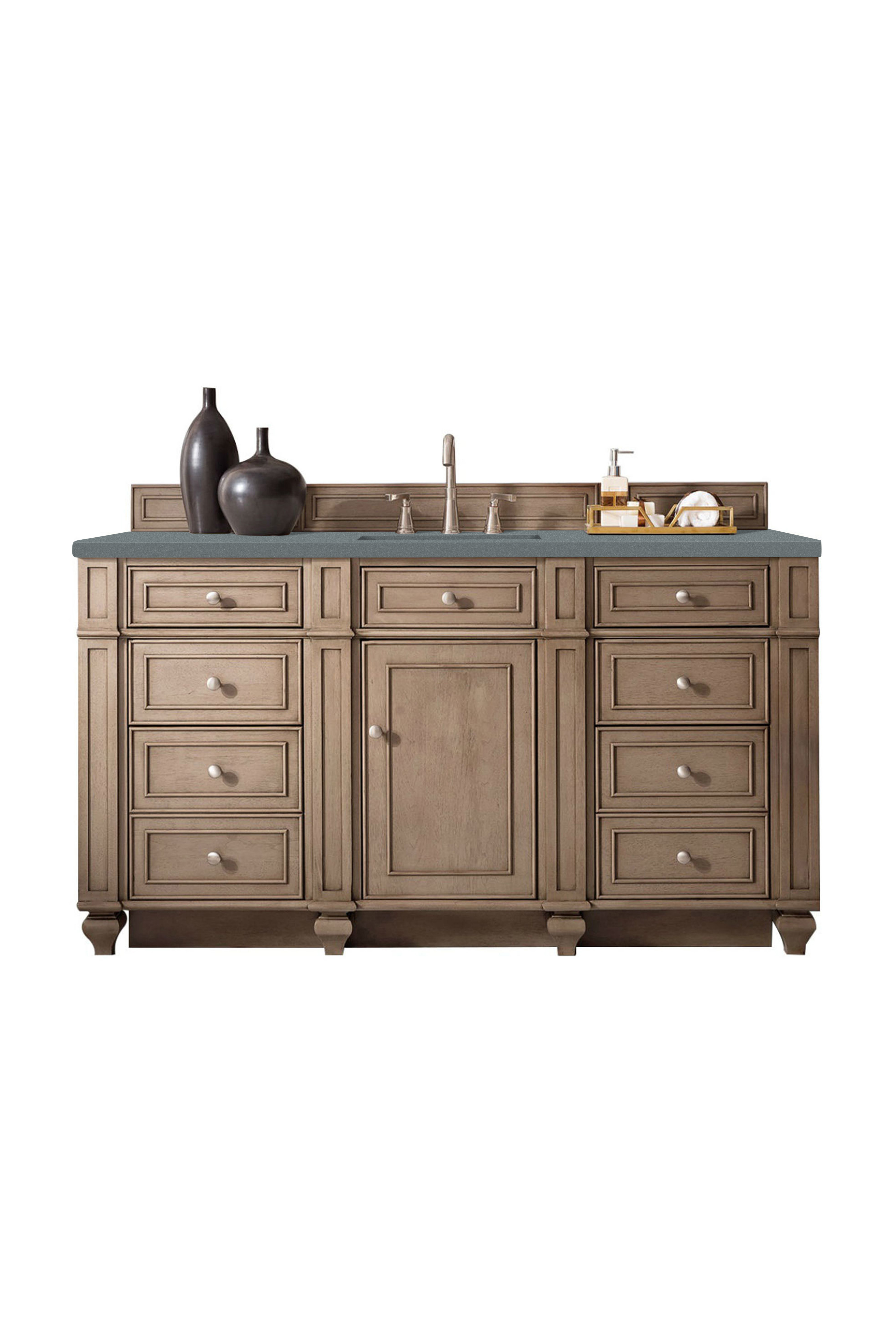 James Martin 157-V60S-WW-3CBL Bristol 60" Single Vanity Whitewashed Walnut, w/ 3 CM Cala Blue Quartz Top