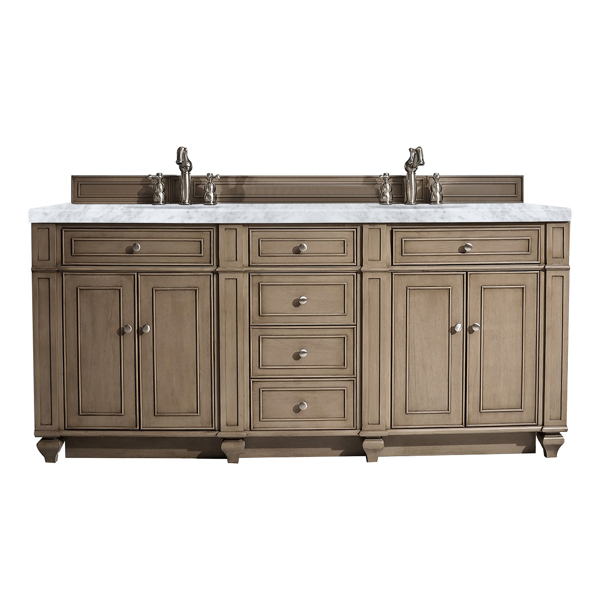 James Martin 157-V72-WW-3CAR Bristol 72" Double Vanity Whitewashed Walnut w/ 3 CM Carrara Marble Top