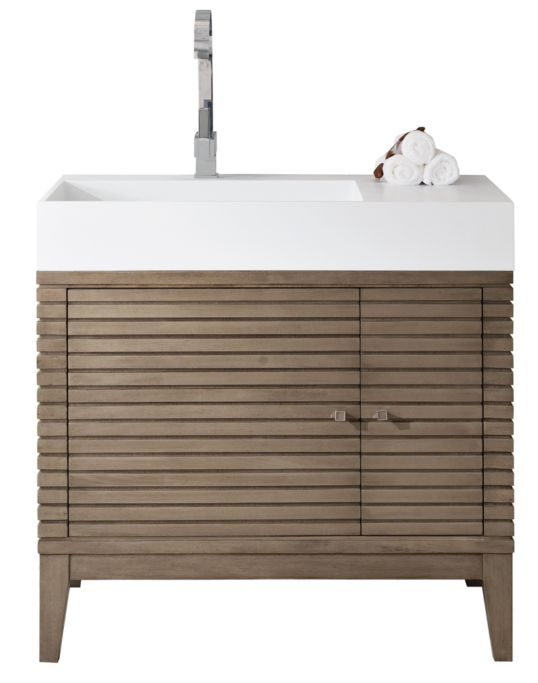 James Martin 210-V36-WW-GW Linear 36" Single Vanity Whitewashed Walnut w/ Glossy White Composite Top - Click Image to Close