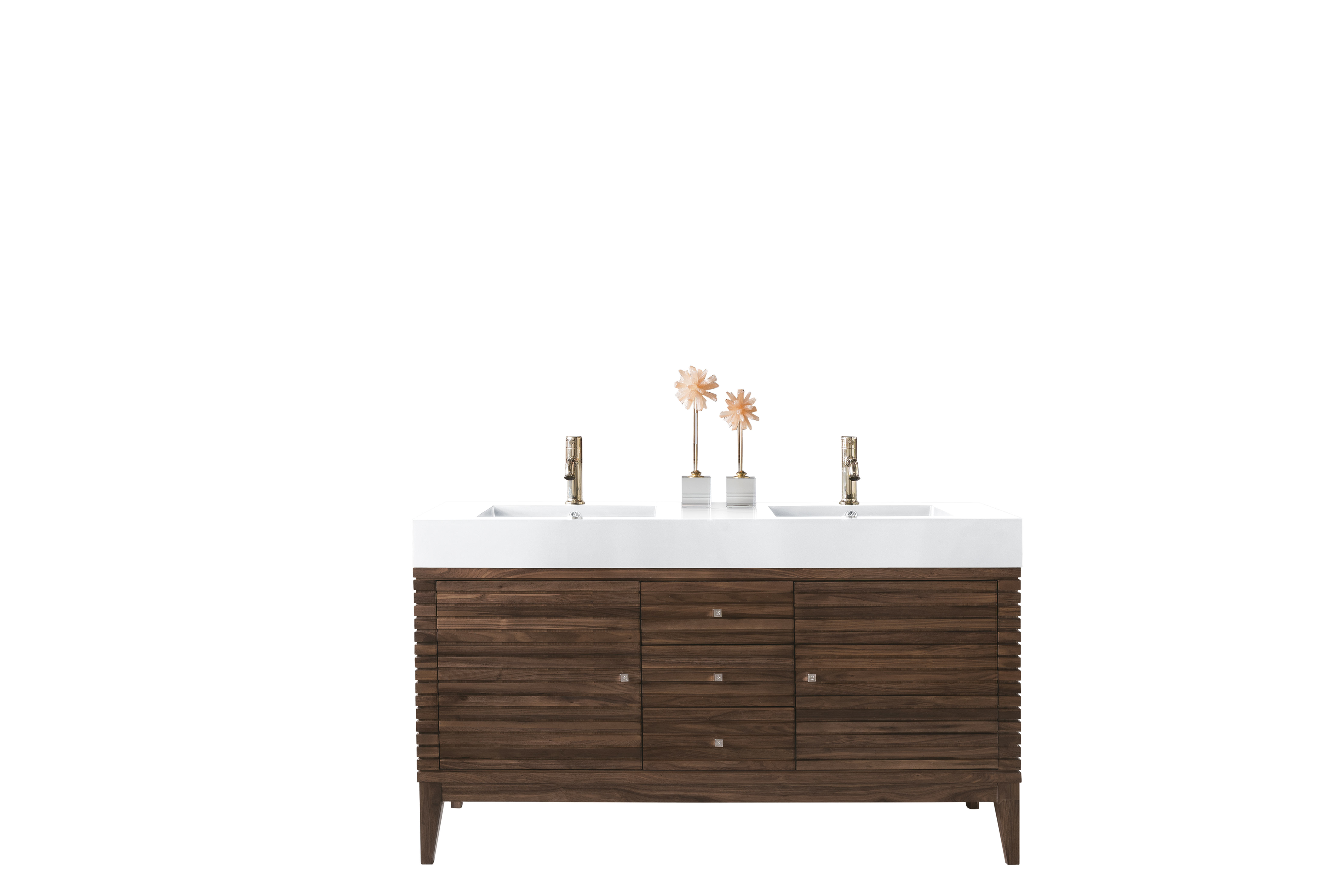 James Martin 210-V59D-WLT-GW Linear 59" Double Vanity, Mid Century Walnut w/ Glossy White Composite Top