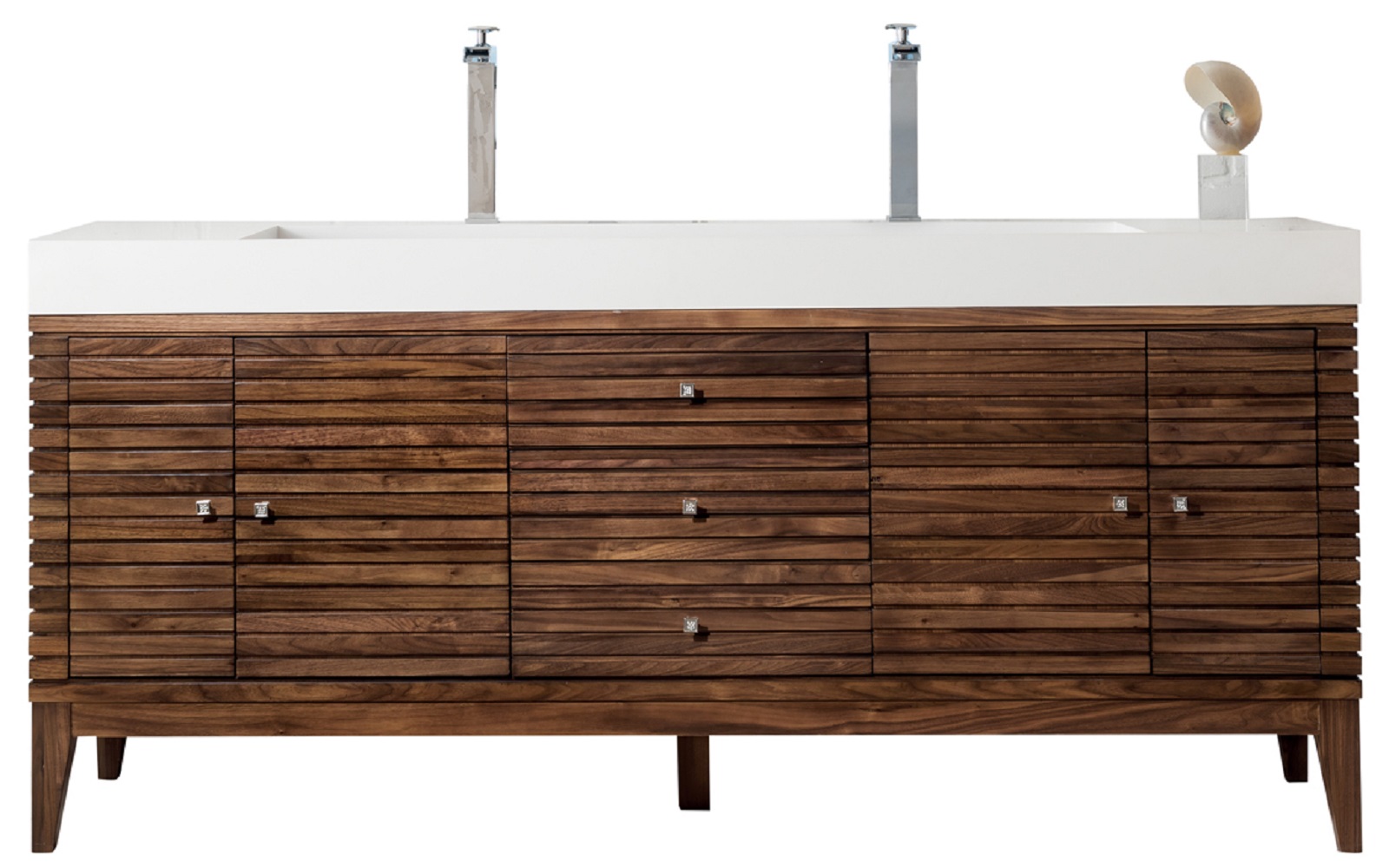 James Martin 210-V72D-WLT-GW Linear 72" Double Vanity, Mid Century Walnut w/ Glossy White Composite Top