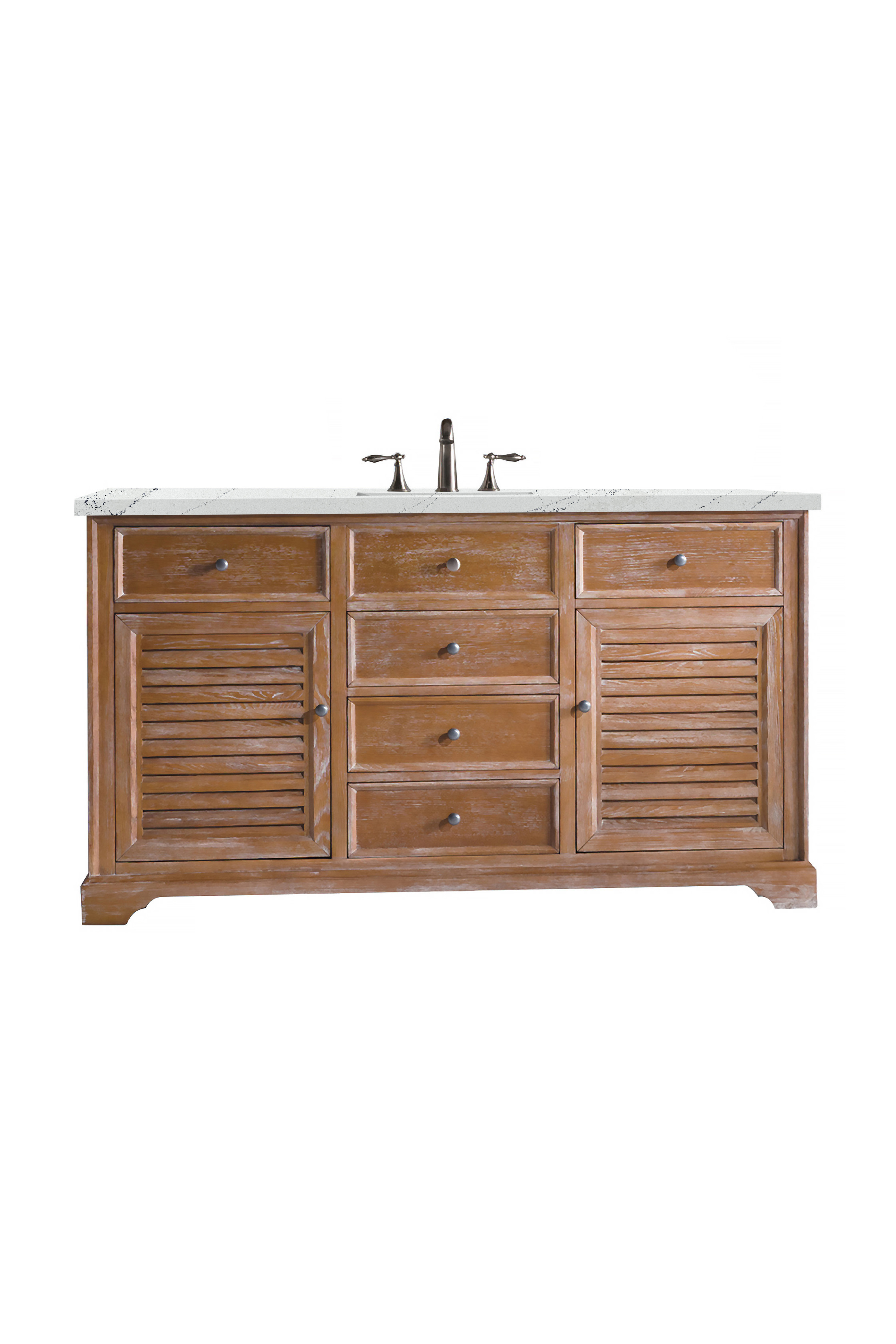 James Martin 238-104-5311-3ENC Savannah 60" Single Vanity Cabinet, Driftwood, w/ 3 CM Ethereal Noctis Quartz Top