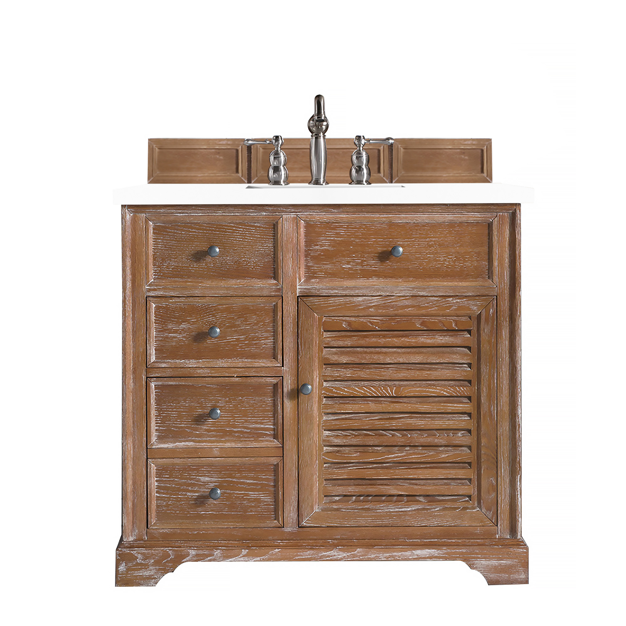 James Martin 238-104-5511-3CLW Savannah 36" Single Vanity Cabinet, Driftwood, w/ 3 CM Classic White Quartz Top