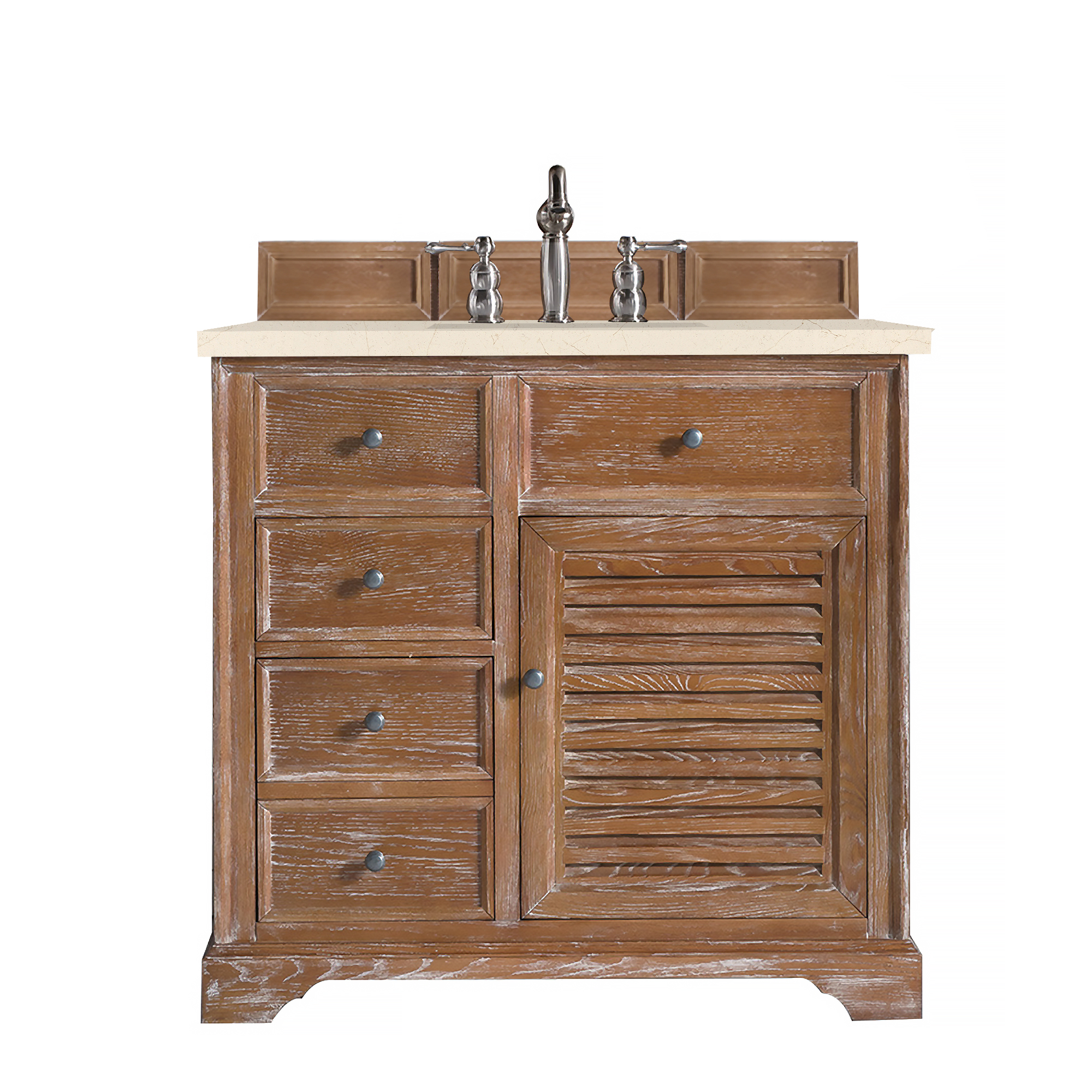 James Martin 238-104-5511-3EMR Savannah 36" Single Vanity Cabinet, Driftwood, w/ 3 CM Eternal Marfil Quartz Top