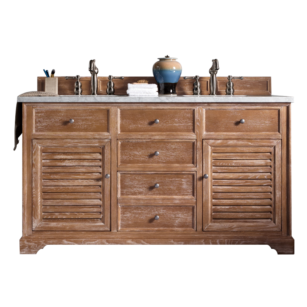 James Martin 238-104-5611-3AF Savannah 60" Driftwood Double Vanity w/ 3 CM Arctic Fall Solid Surface Top