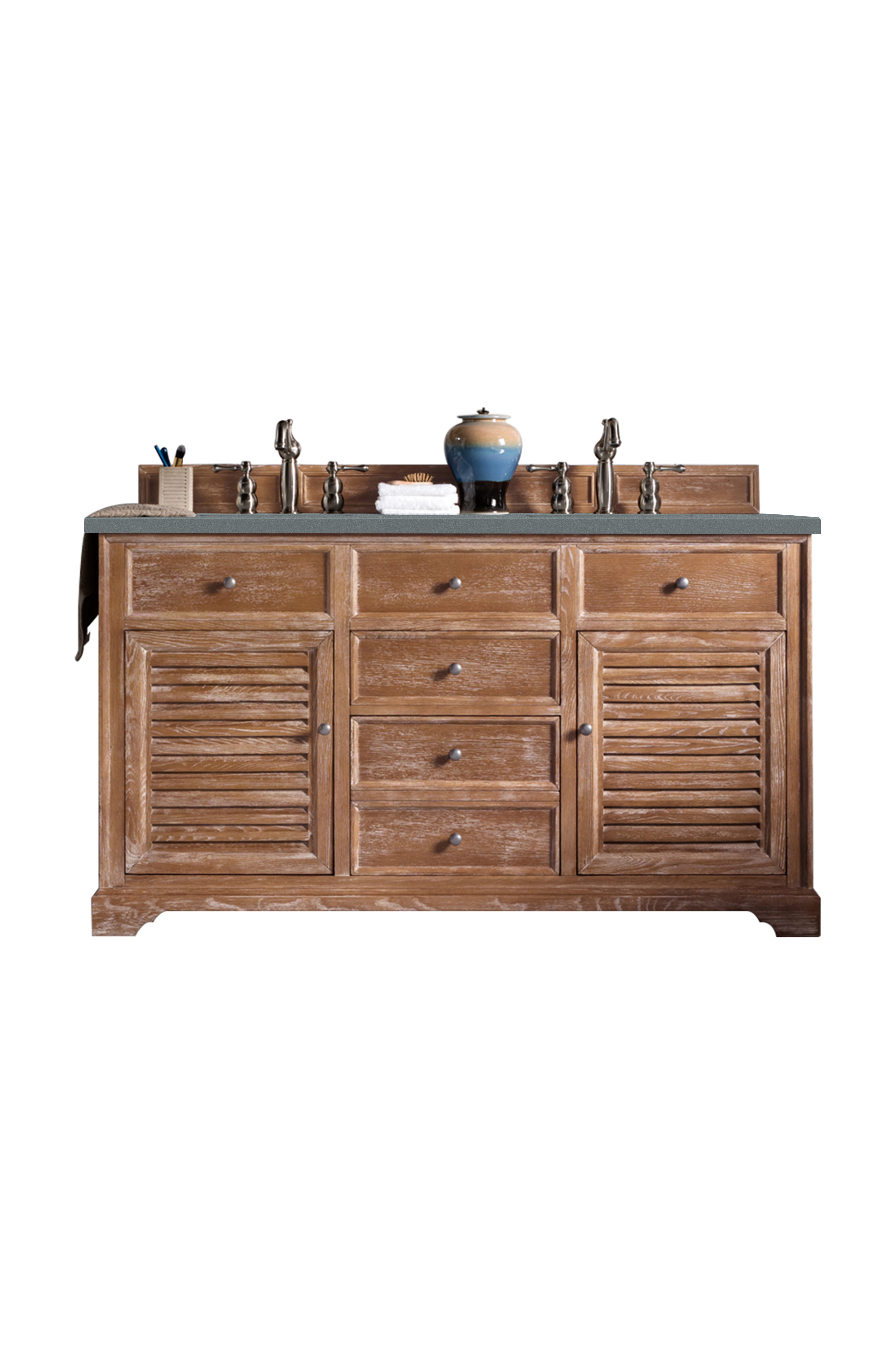 James Martin 238-104-5611-3CBL Savannah 60" Double Vanity Cabinet, Driftwood, w/ 3 CM Cala Blue Quartz Top