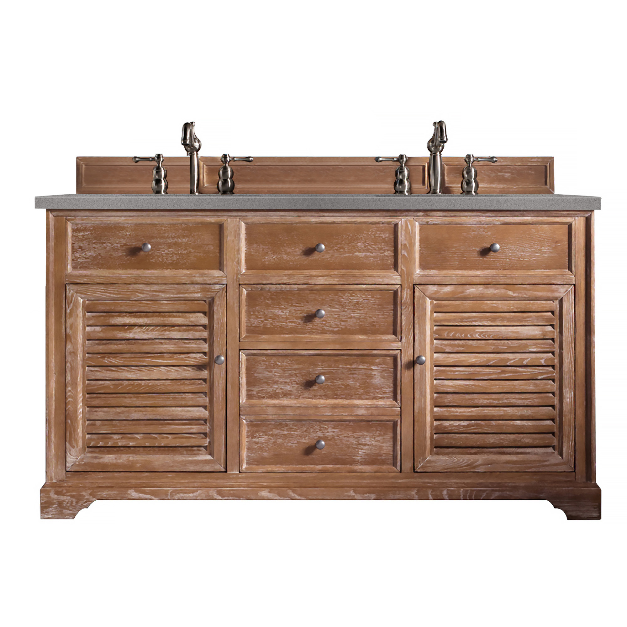 James Martin 238-104-5611-3GEX Savannah 60" Double Vanity Cabinet, Driftwood, w/ 3 CM Grey Expo Quartz Top