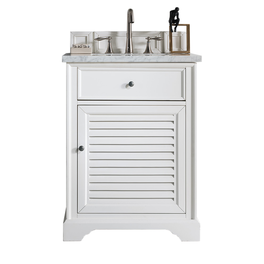 James Martin 238-104-V26-BW-3AF Savannah 26" Bright White Single Vanity w/ 3 CM Arctic Fall Solid Surface Top