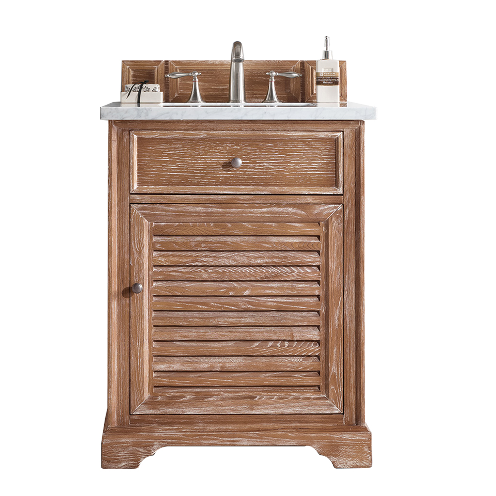 James Martin 238-104-V26-DRF-3EJP Savannah 26" Single Vanity Cabinet, Driftwood, w/ 3 CM Eternal Jasmine Pearl Quartz Top