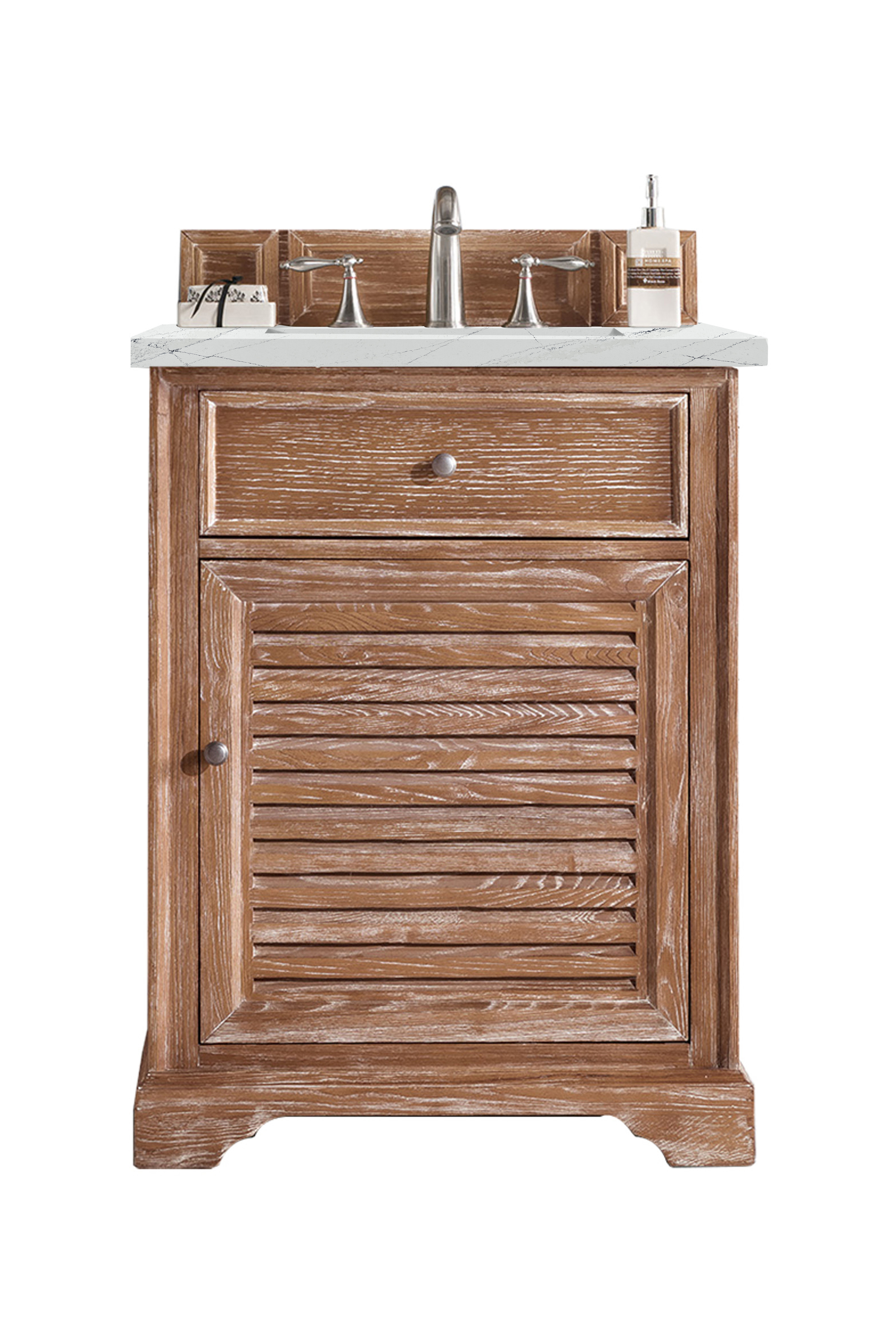 James Martin 238-104-V26-DRF-3ENC Savannah 26" Single Vanity Cabinet, Driftwood, w/ 3 CM Ethereal Noctis Quartz Top