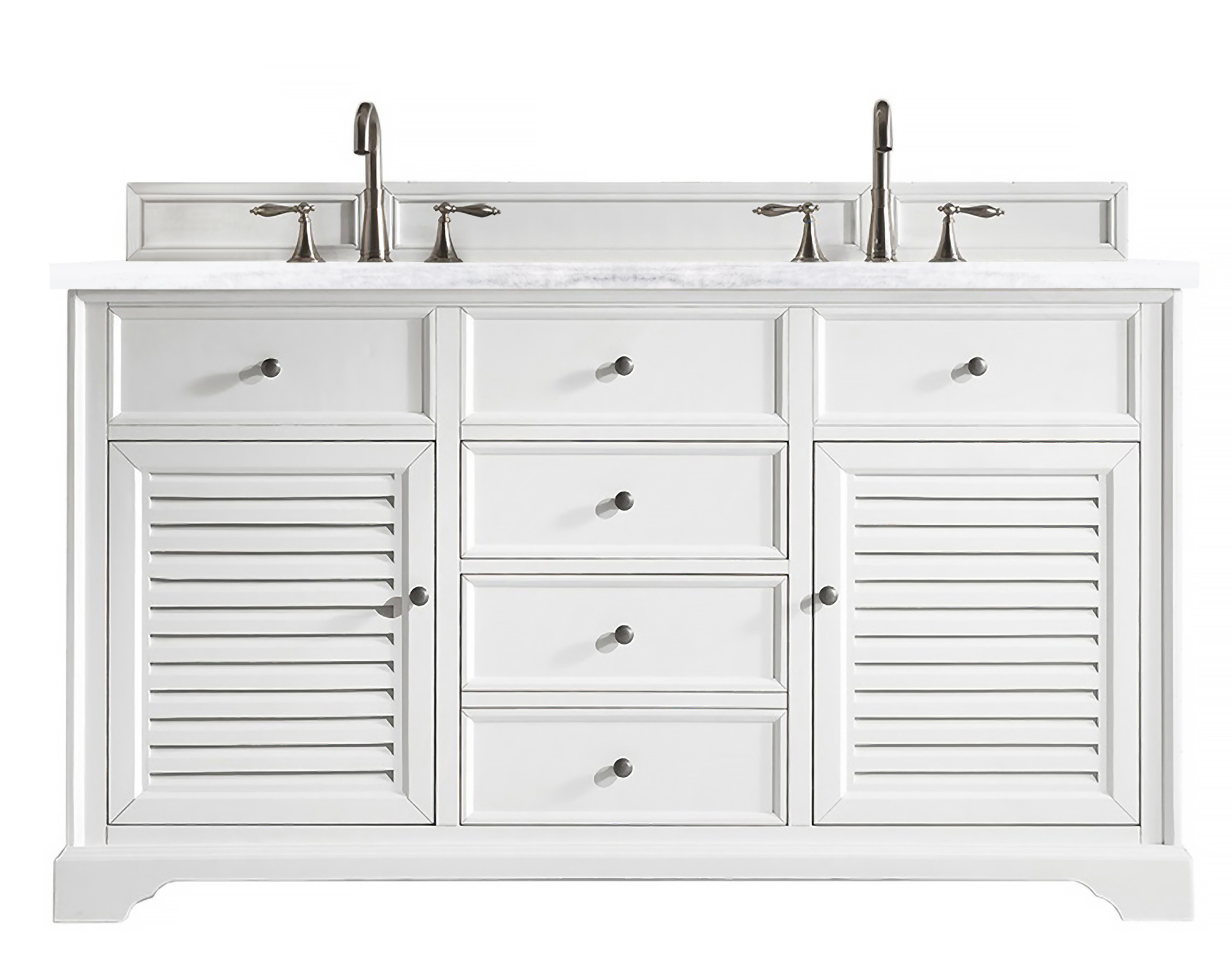 James Martin 238-104-V60D-BW-3AF Savannah 60" Bright White Double Vanity w/ 3 CM Arctic Fall Solid Surface Top