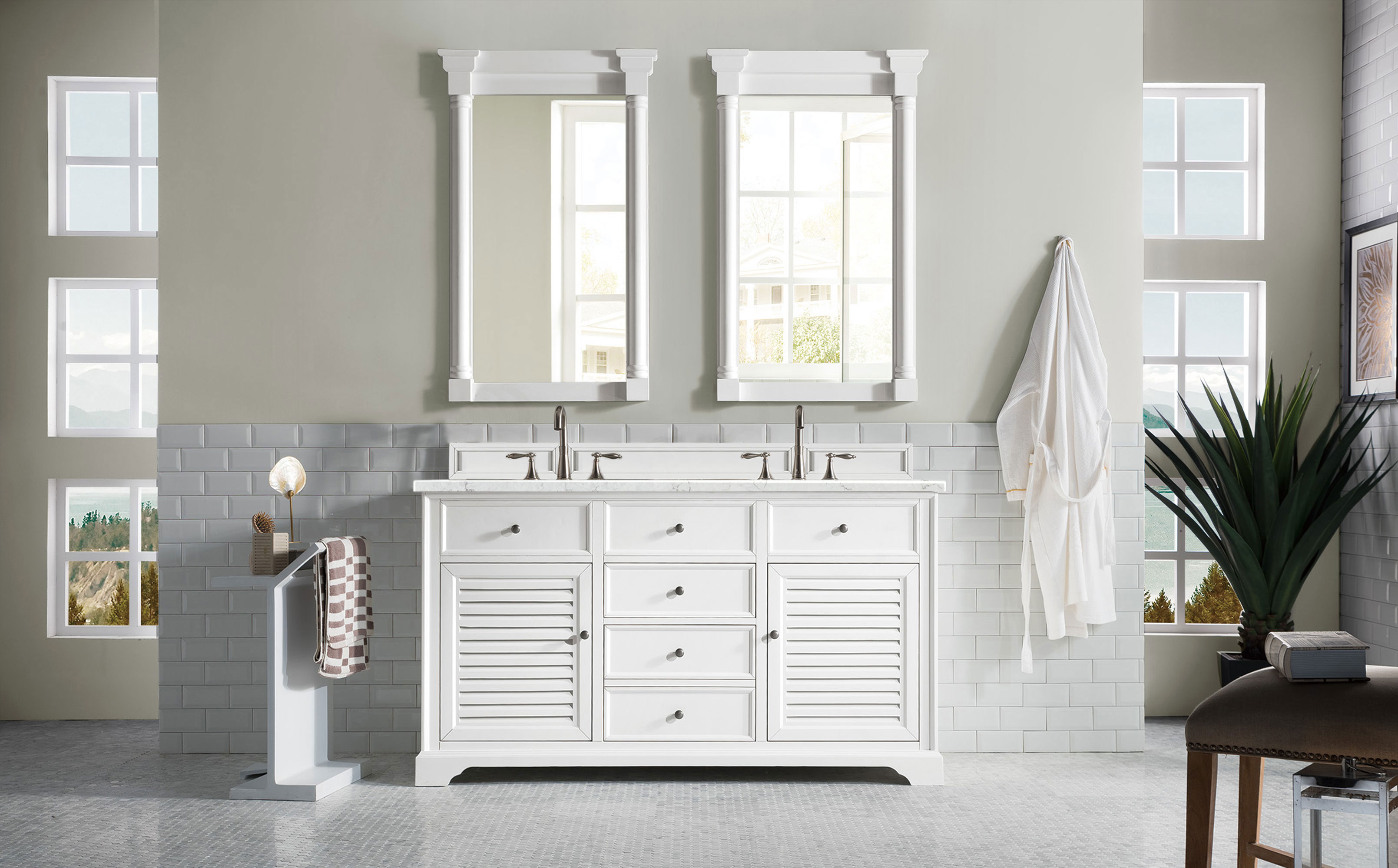 James Martin 238-104-V60D-BW-3EJP Savannah 60" Double Vanity Cabinet, Bright White, w/ 3 CM Eternal Jasmine Pearl Quartz Top