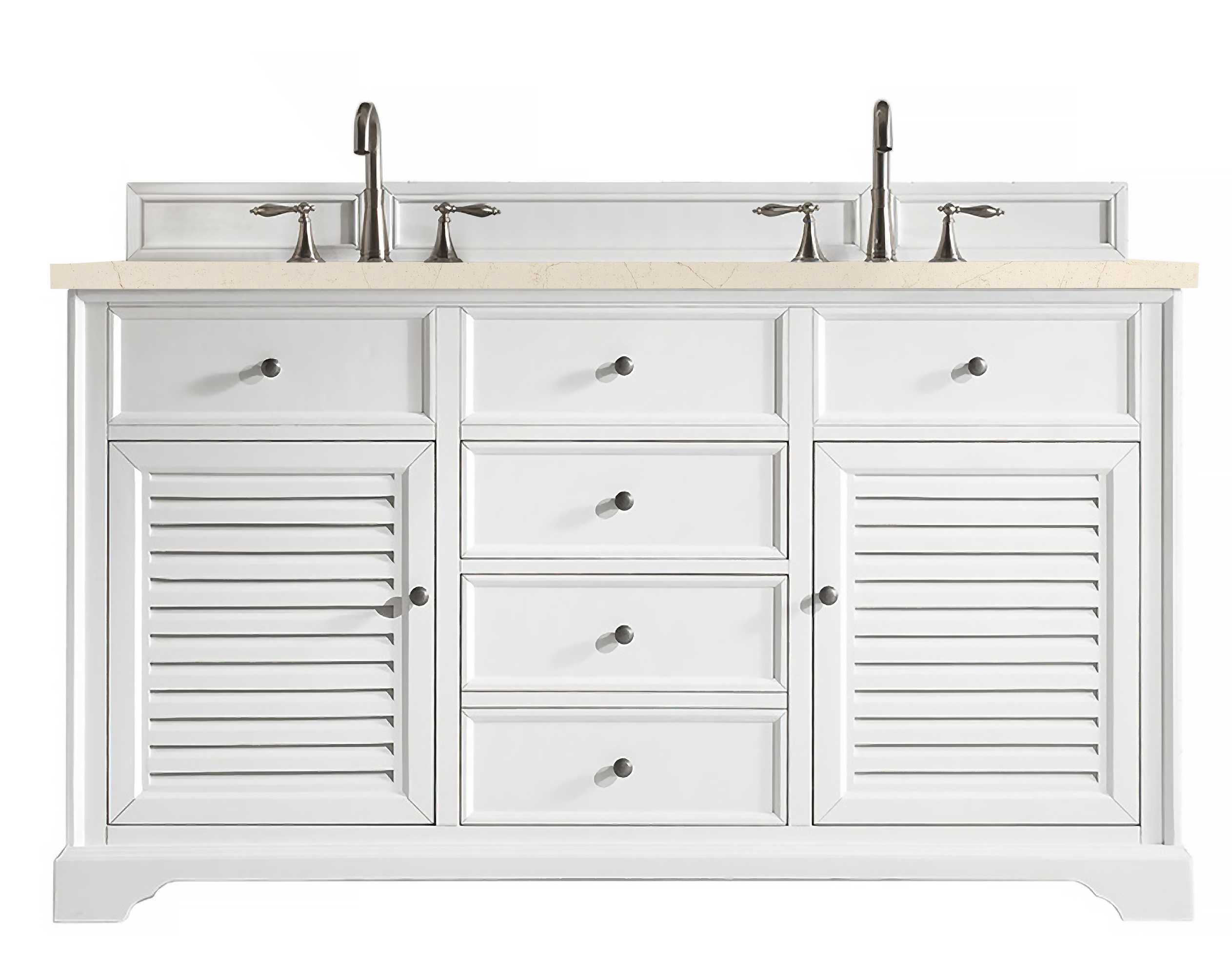 James Martin 238-104-V60D-BW-3EMR Savannah 60" Double Vanity Cabinet, Bright White, w/ 3 CM Eternal Marfil Quartz Top