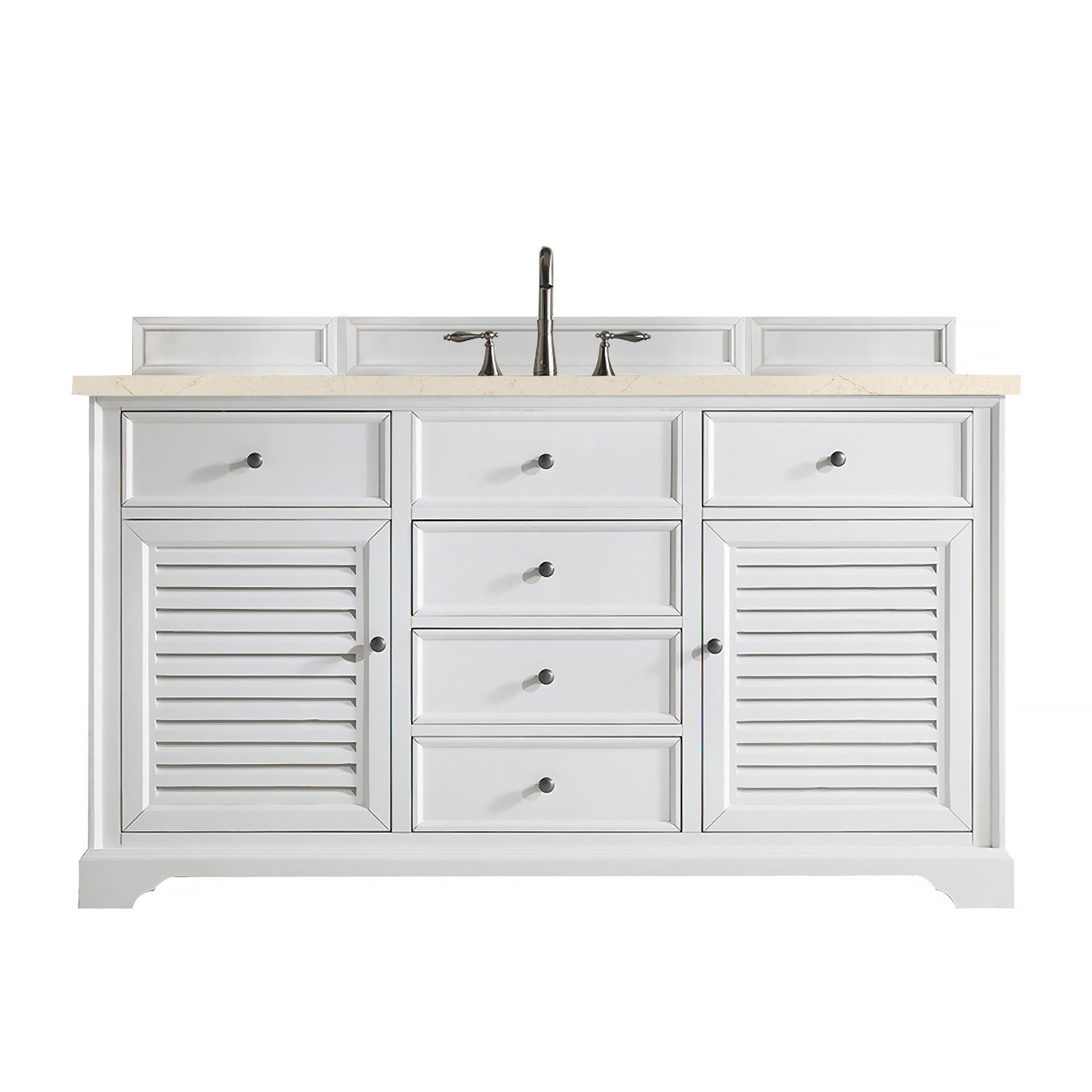 James Martin 238-104-V60S-BW-3EMR Savannah 60" Single Vanity Cabinet, Bright White, w/ 3 CM Eternal Marfil Quartz Top