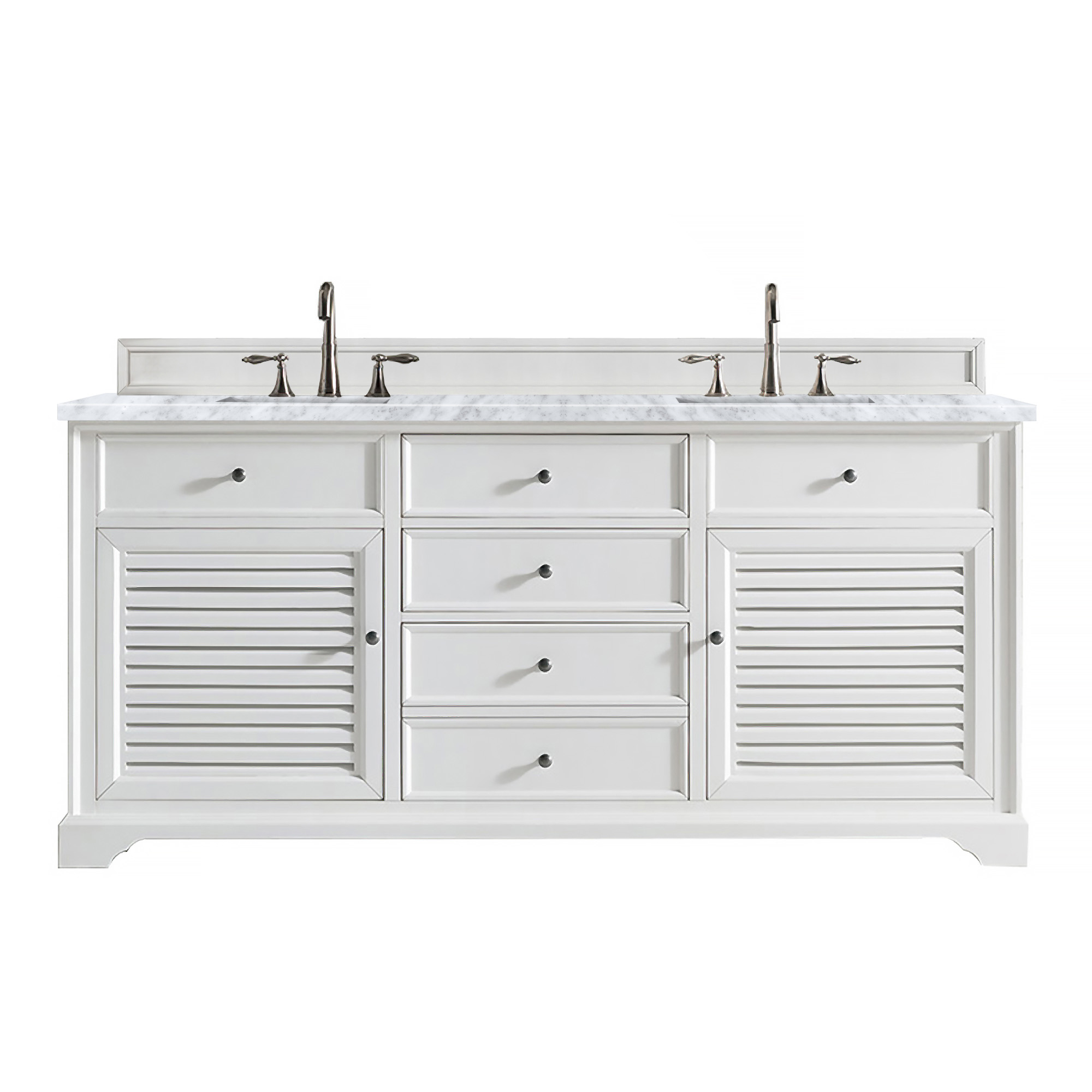 James Martin 238-104-V72-BW-3CAR Savannah 72" Bright White Double Vanity w/ 3 CM Carrara Marble Top