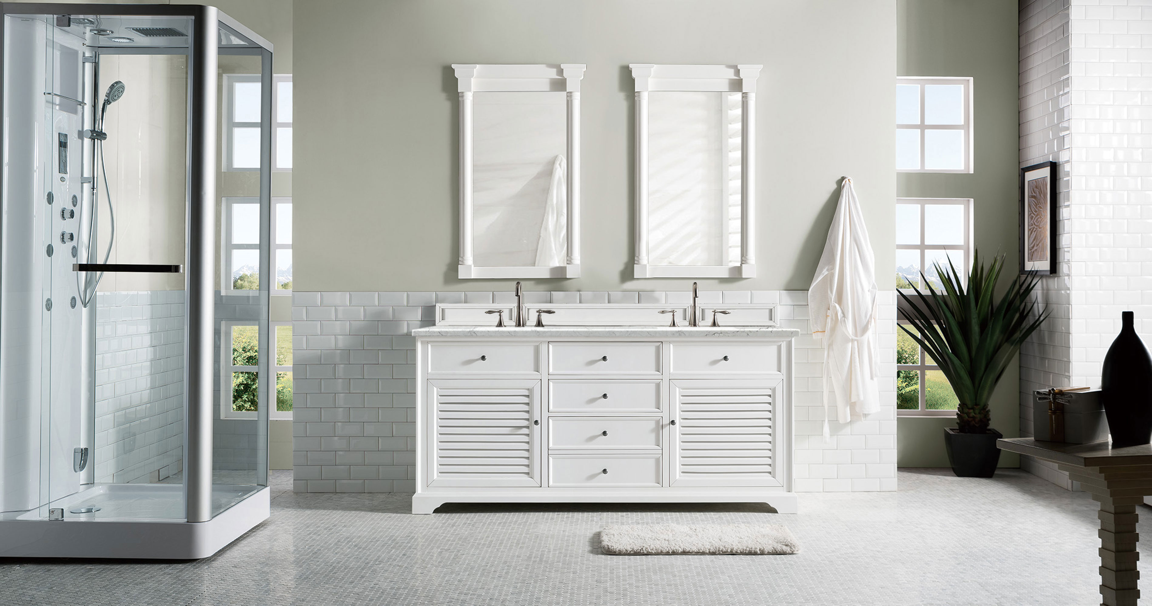 James Martin 238-104-V72-BW-3EJP Savannah 72" Double Vanity Cabinet, Bright White, w/ 3 CM Eternal Jasmine Pearl Quartz Top