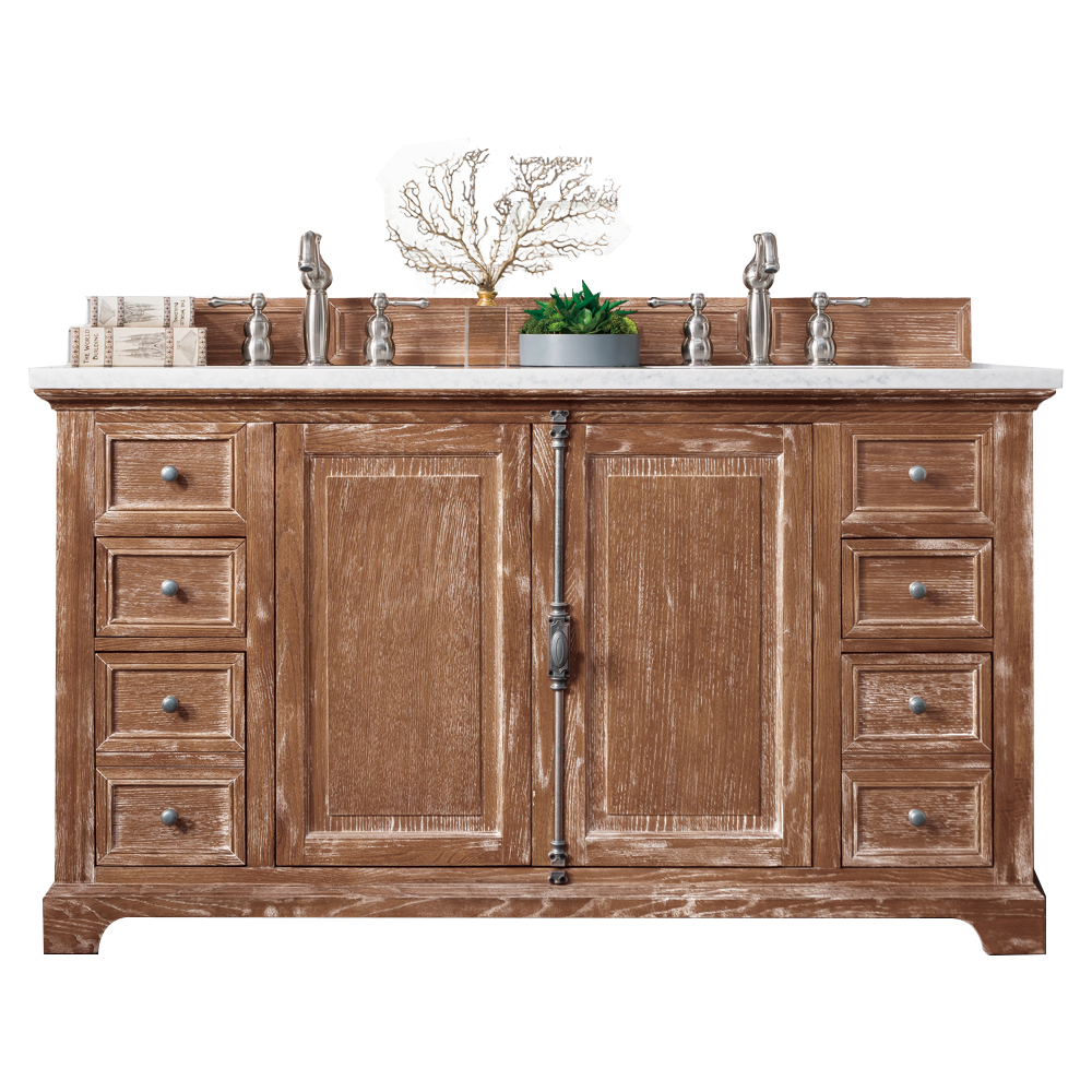 James Martin 238-105-5611-3AF Providence 60" Driftwood Double Vanity w/ 3 CM Arctic Fall Solid Surface Top