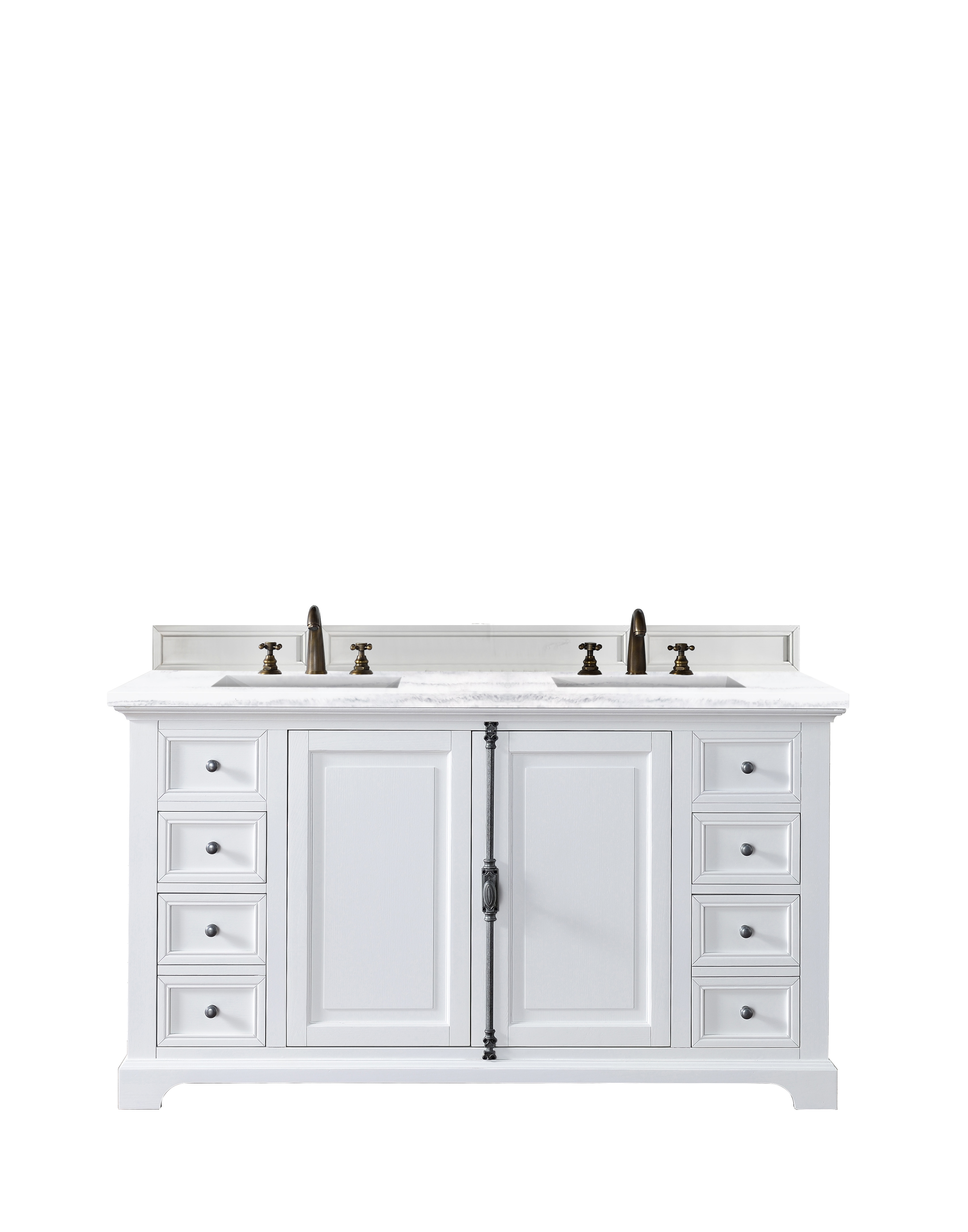 James Martin 238-105-V60D-BW-3AF Providence 60" Bright White Double Vanity w/ 3 CM Arctic Fall Solid Surface Top - Click Image to Close