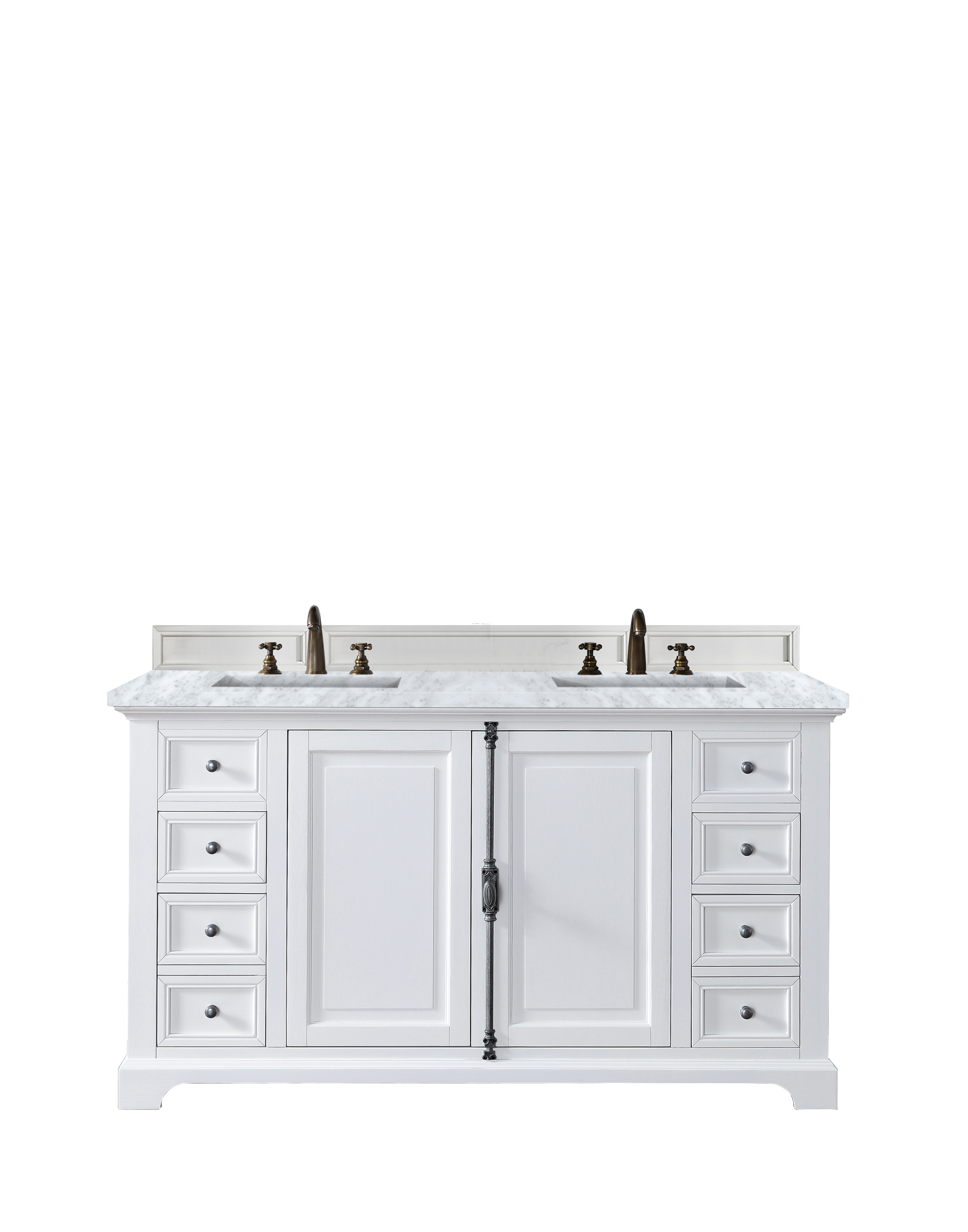 James Martin 238-105-V60D-BW-3CAR Providence 60" Bright White Double Vanity w/ 3 CM Carrara Marble Top