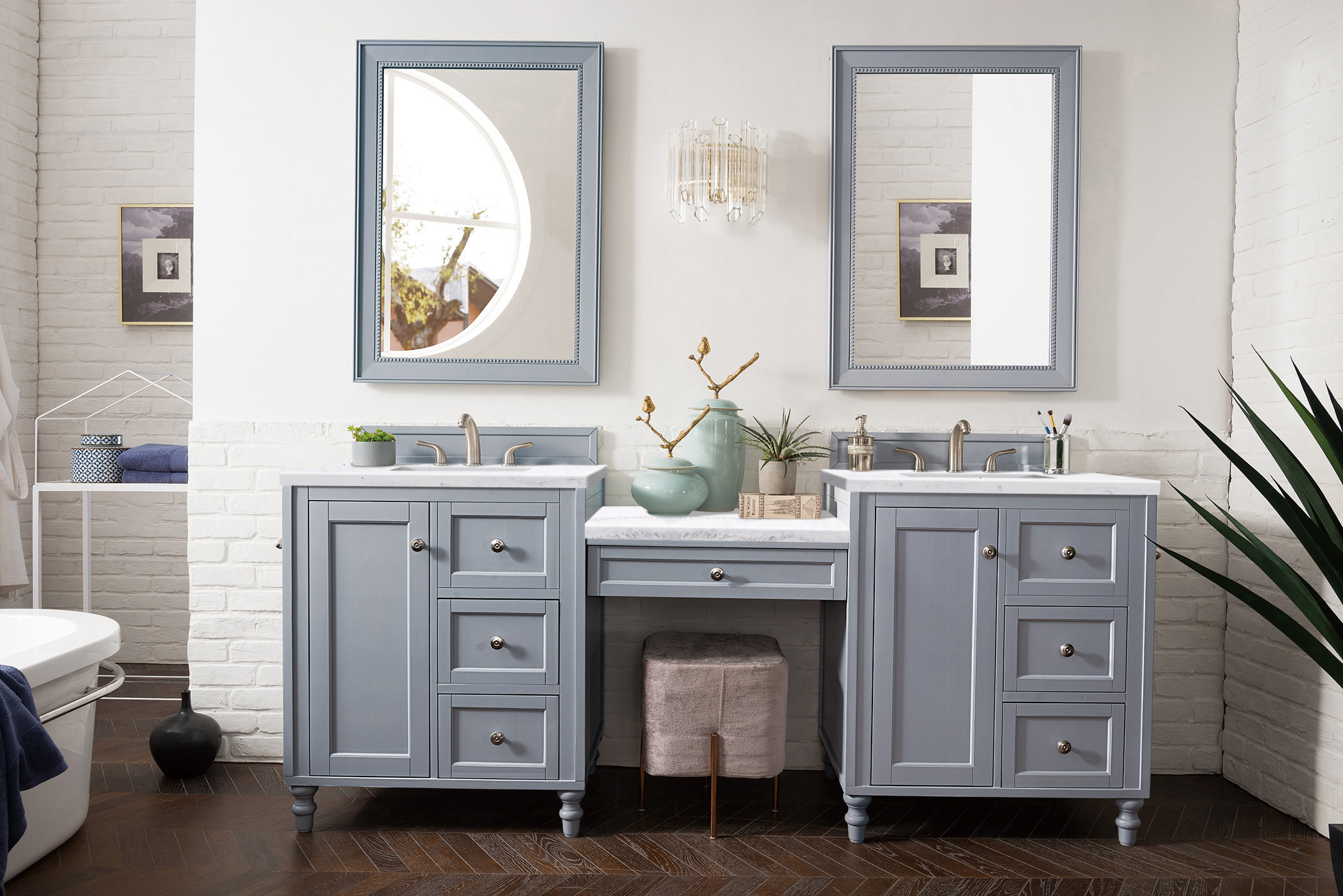 James Martin 301-V86-SL-DU-3AF Copper Cove Encore 86" Double Vanity Set, Silver Gray w/ Makeup Table, 3 CM Arctic Fall Solid Surface Top