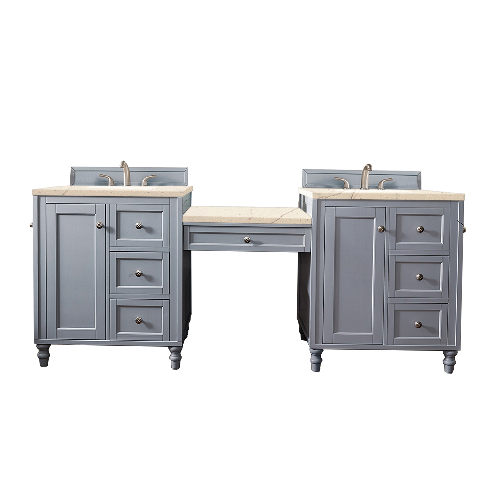 James Martin 301-V86-SL-DU-3EMR Copper Cove Encore 86" Double Vanity Set, Silver Gray w/ Makeup Table, 3 CM Eternal Marfil Quartz Top