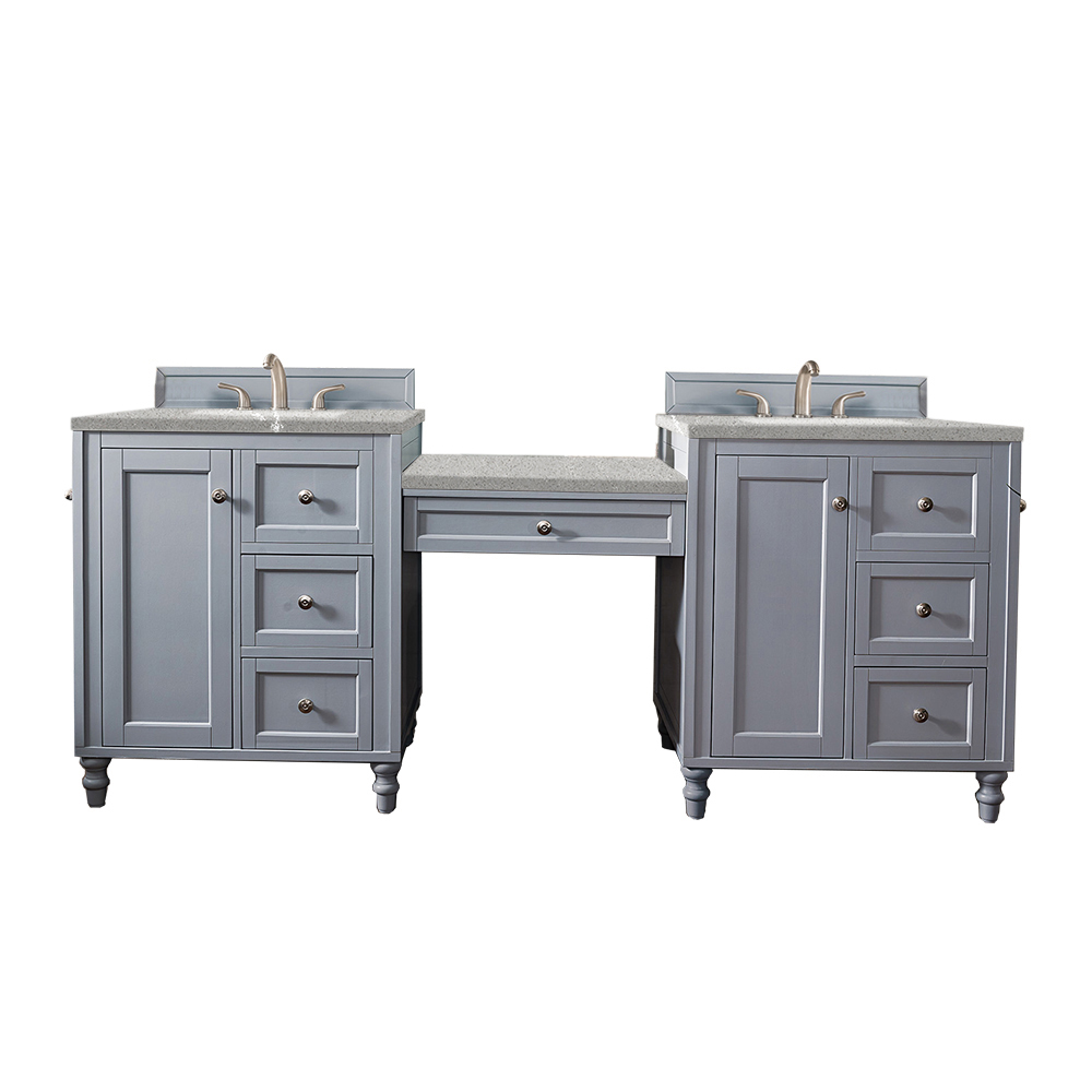 James Martin 301-V86-SL-DU-3ESR Copper Cove Encore 86" Double Vanity Set, Silver Gray w/ Makeup Table, 3 CM Eternal Serena Quartz Top