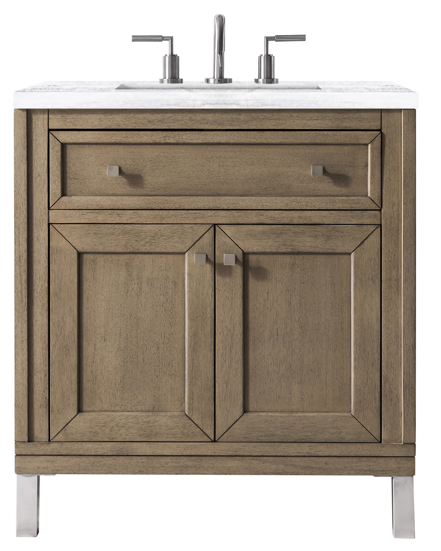 James Martin 305-V30-WWW-3AF Chicago 30" Single Vanity Whitewashed Walnut w/ 3 CM Arctic Fall Solid Surface Top - Click Image to Close