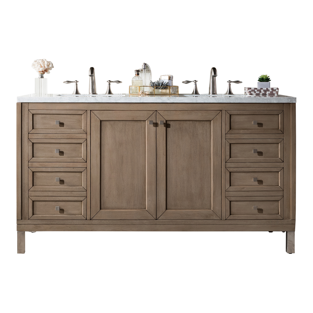 James Martin 305-V60D-WWW-3AF Chicago 60" Whitewashed Walnut Double Vanity w/ 3 CM Arctic Fall Solid Surface Top