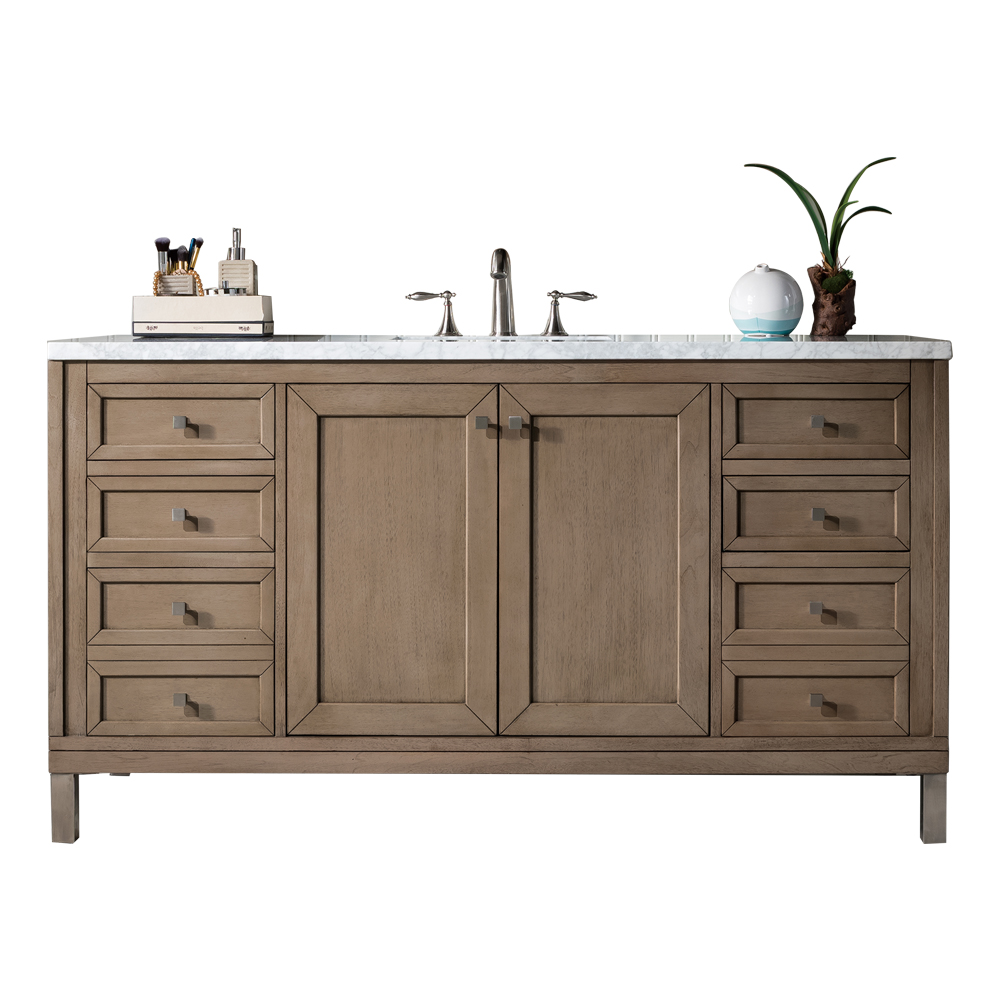 James Martin 305-V60S-WWW-3AF Chicago 60" Whitewashed Walnut Single Vanity w/ 3 CM Arctic Fall Solid Surface Top