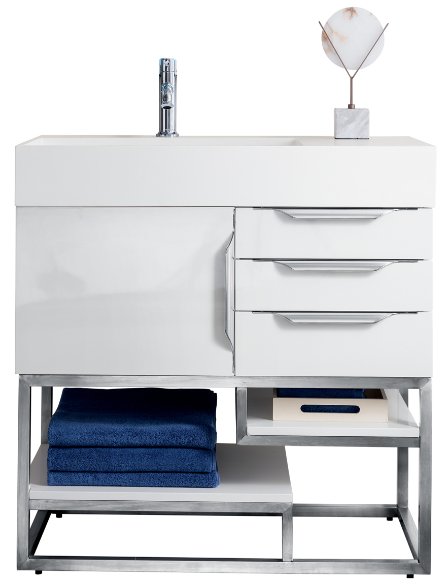 James Martin 388-V36-GW-BN-GW Columbia 36" Single Vanity, Glossy White w/ Glossy White Composite Top