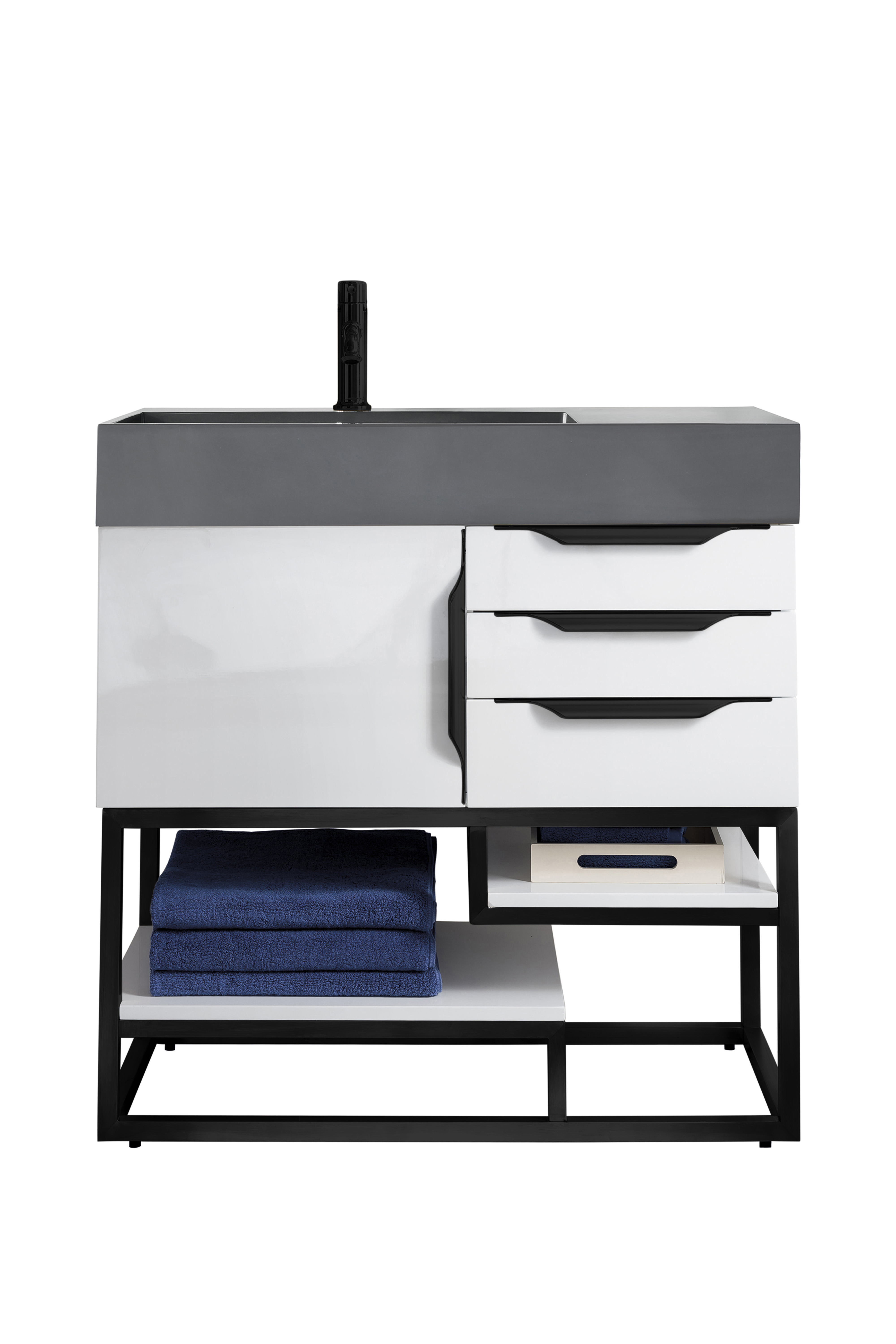 James Martin 388-V36-GW-MB-DGG Columbia 36" Single Vanity, Glossy White, Matte Black w/ Dusk Grey Glossy Composite Top