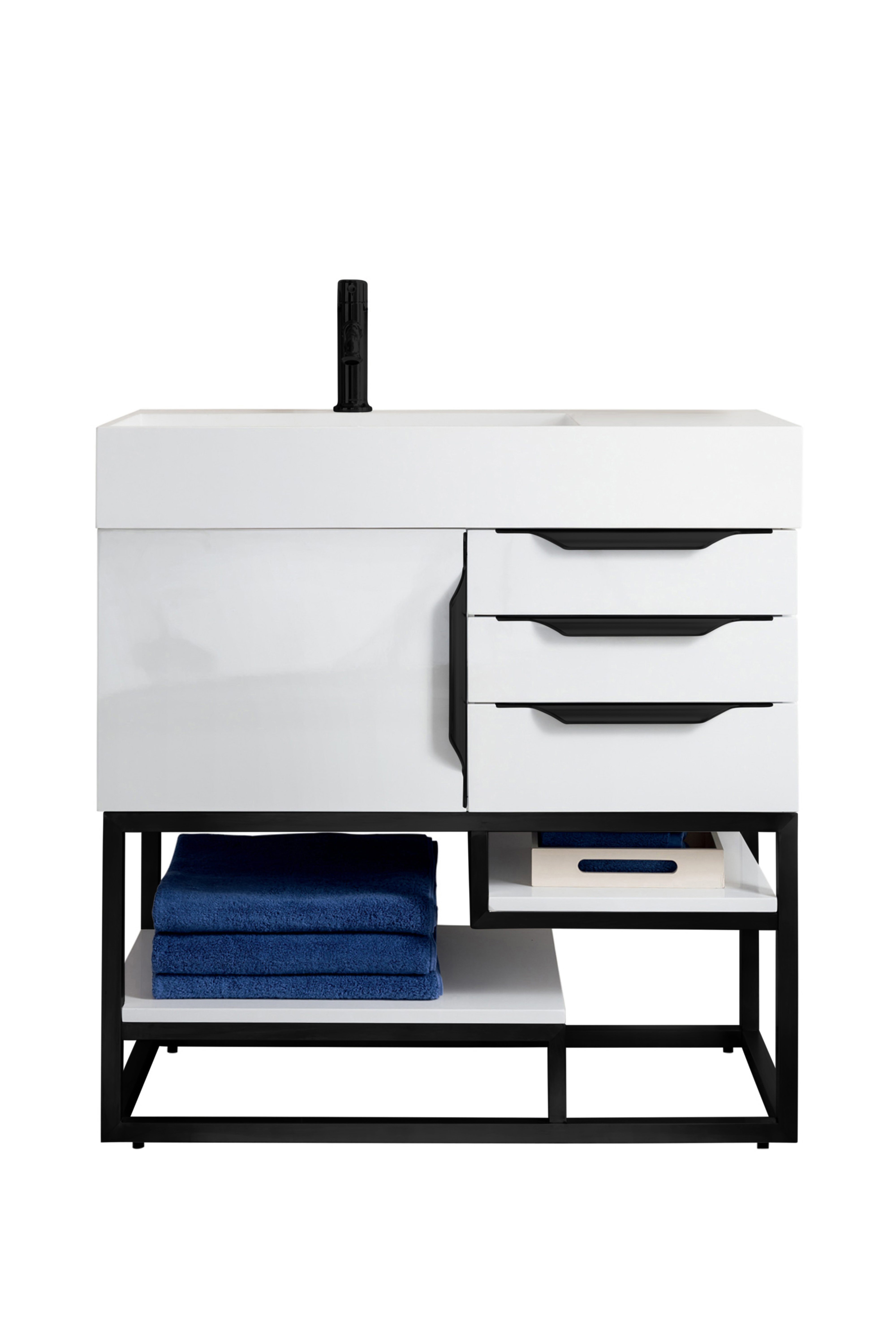 James Martin 388-V36-GW-MB-GW Columbia 36" Single Vanity, Glossy White, Matte Black w/ Glossy White Composite Top