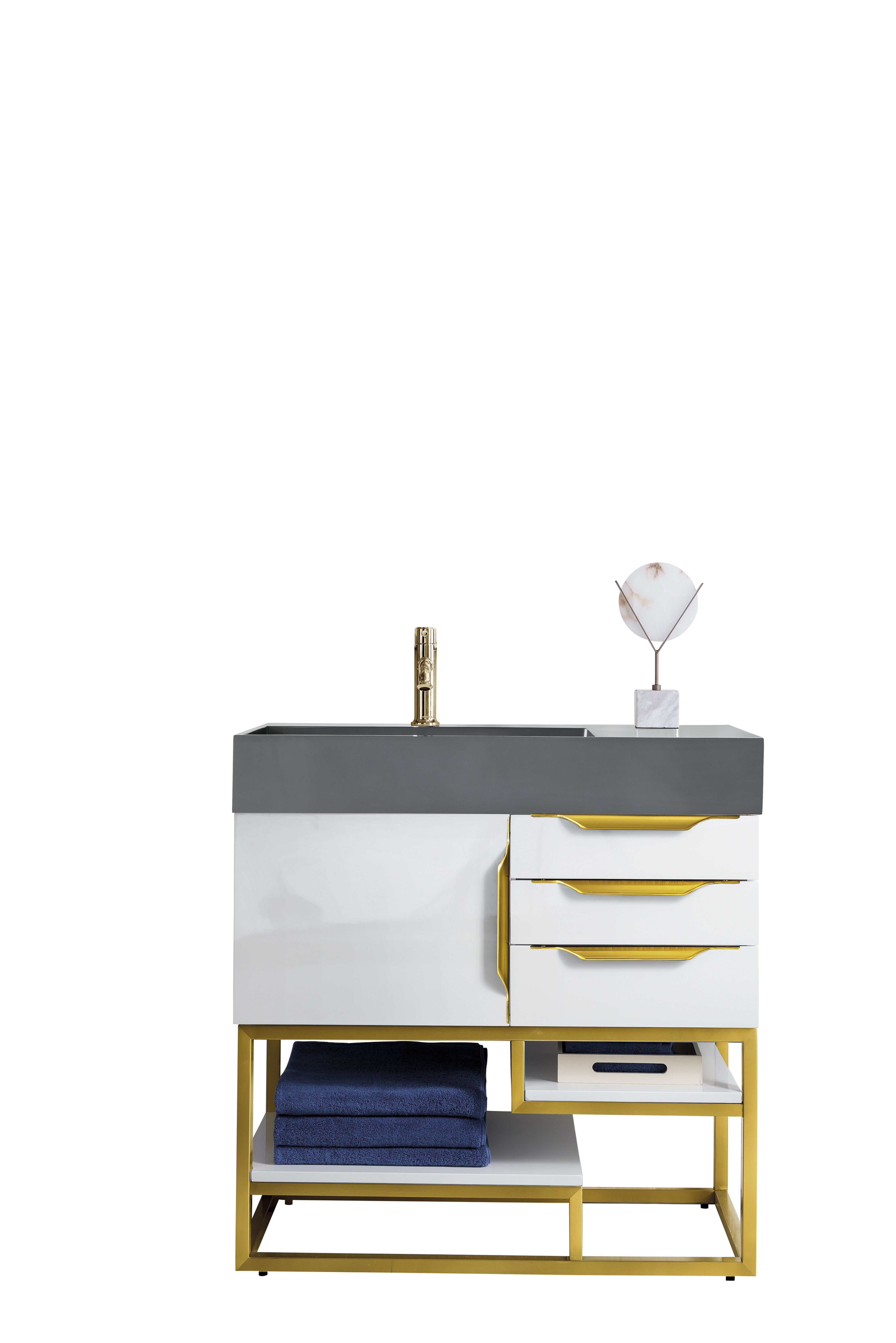 James Martin 388-V36-GW-RG-DGG Columbia 36" Single Vanity, Glossy White, Radiant Gold w/ Dusk Grey Glossy Composite Top