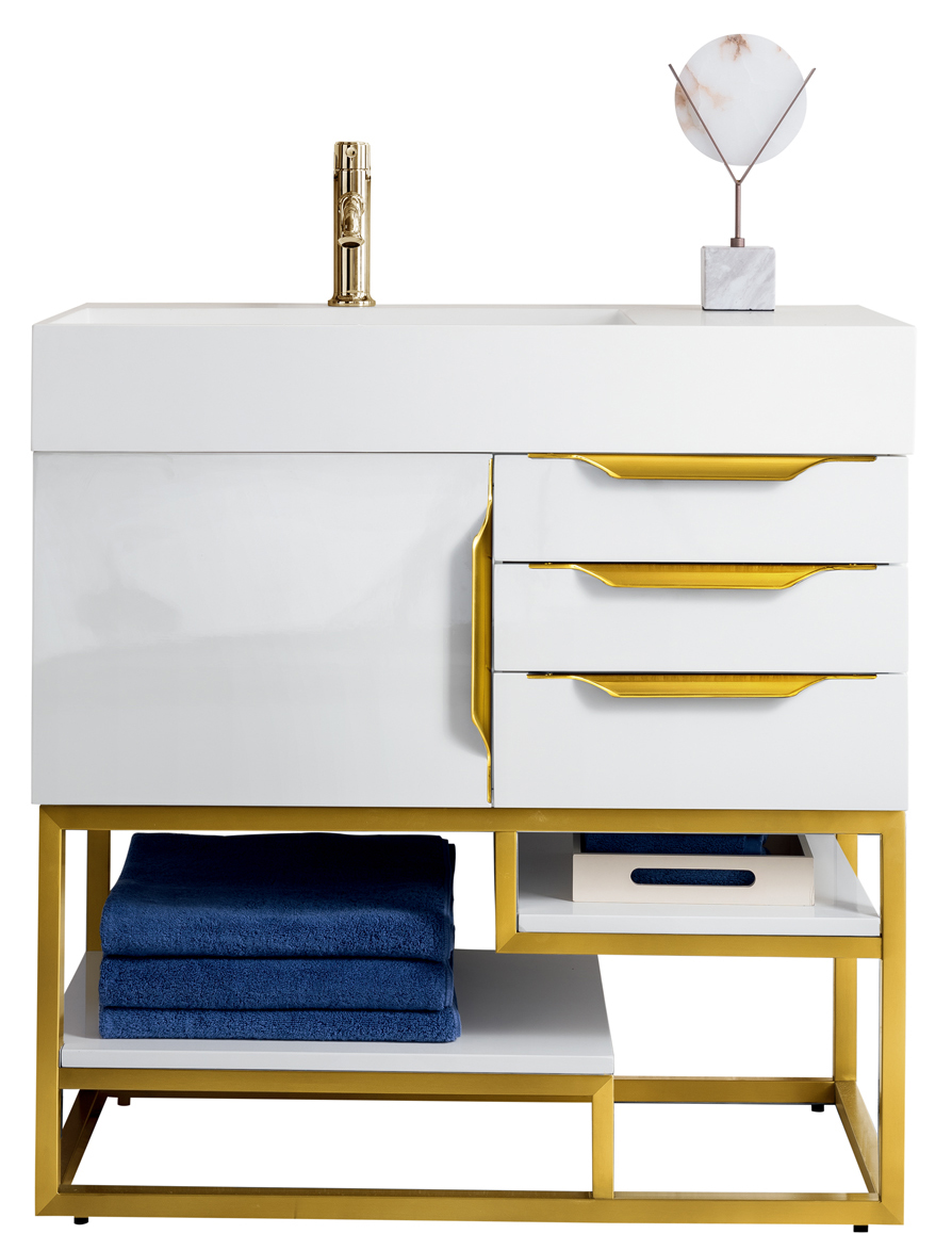 James Martin 388-V36-GW-RG-GW Columbia 36" Single Vanity, Glossy White, Radiant Gold w/ Glossy White Composite Top