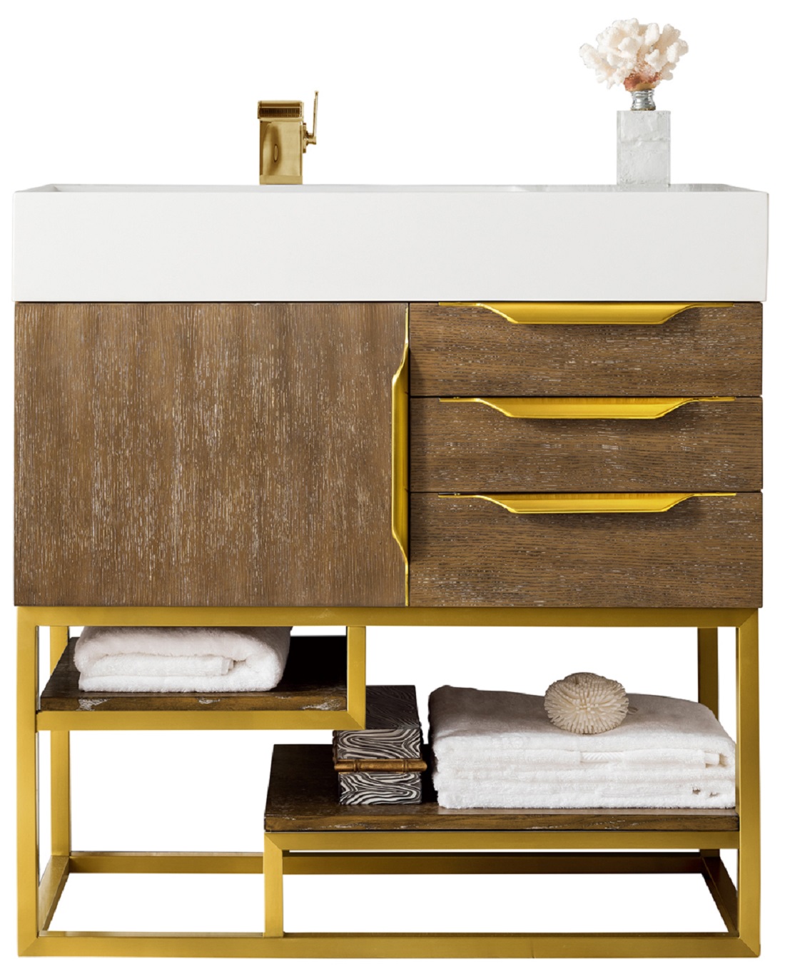 James Martin 388-V36-LTO-RG-GW Columbia 36" Single Vanity, Latte Oak, Radiant Gold w/ Glossy White Composite Top