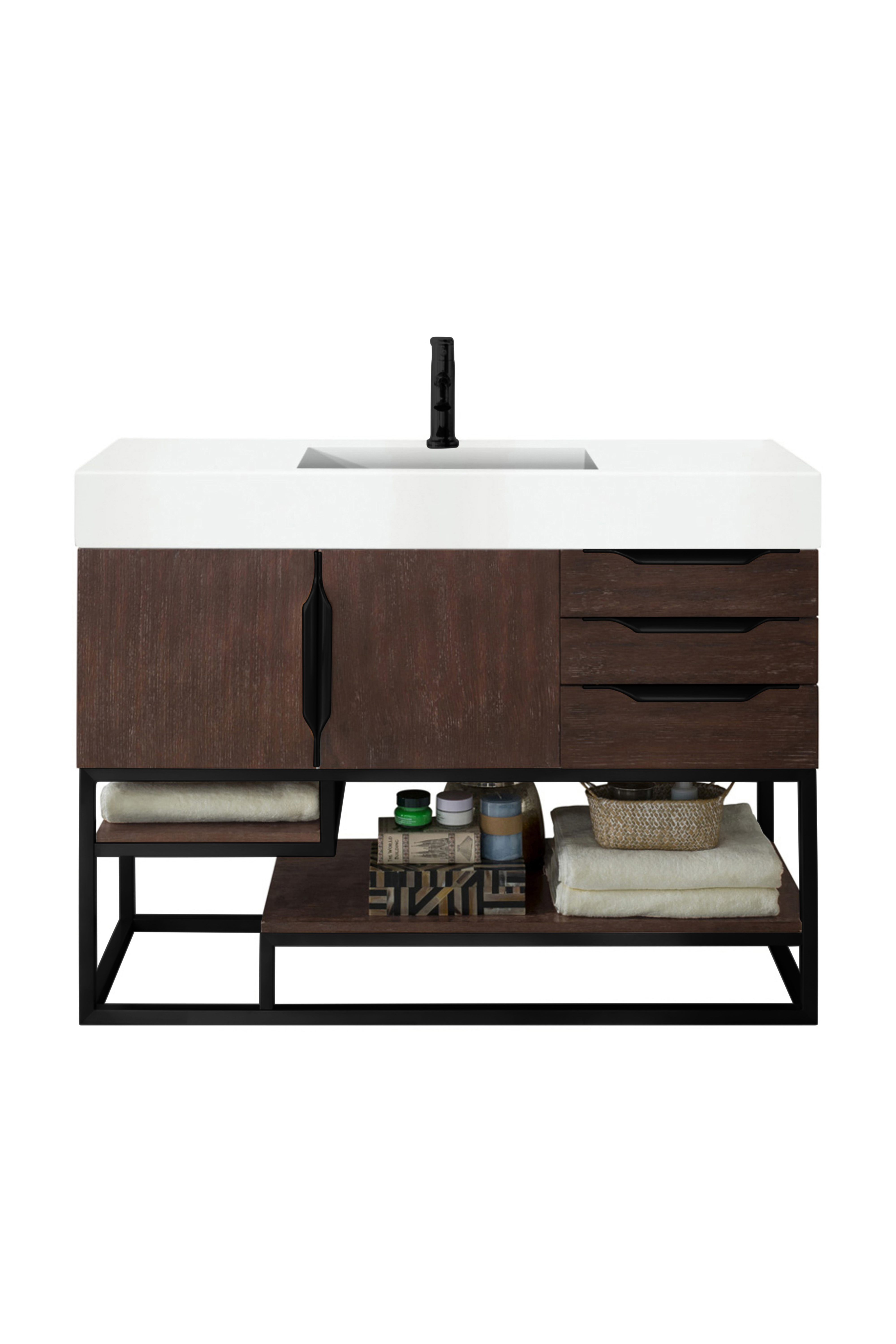 James Martin 388-V48-CFO-MB-GW Columbia 48" Single Vanity, Coffee Oak, Matte Black w/ Glossy White Composite Top