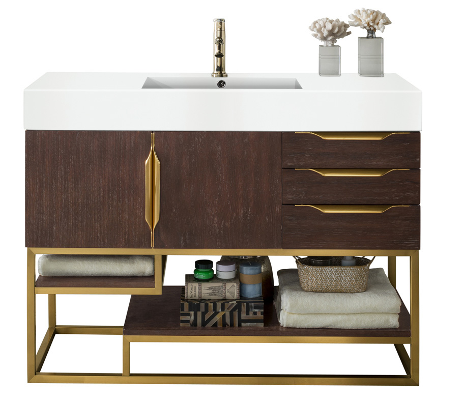 James Martin 388-V48-CFO-RG-GW Columbia 48" Single Vanity, Coffee Oak, Radiant Gold w/ Glossy White Composite Top