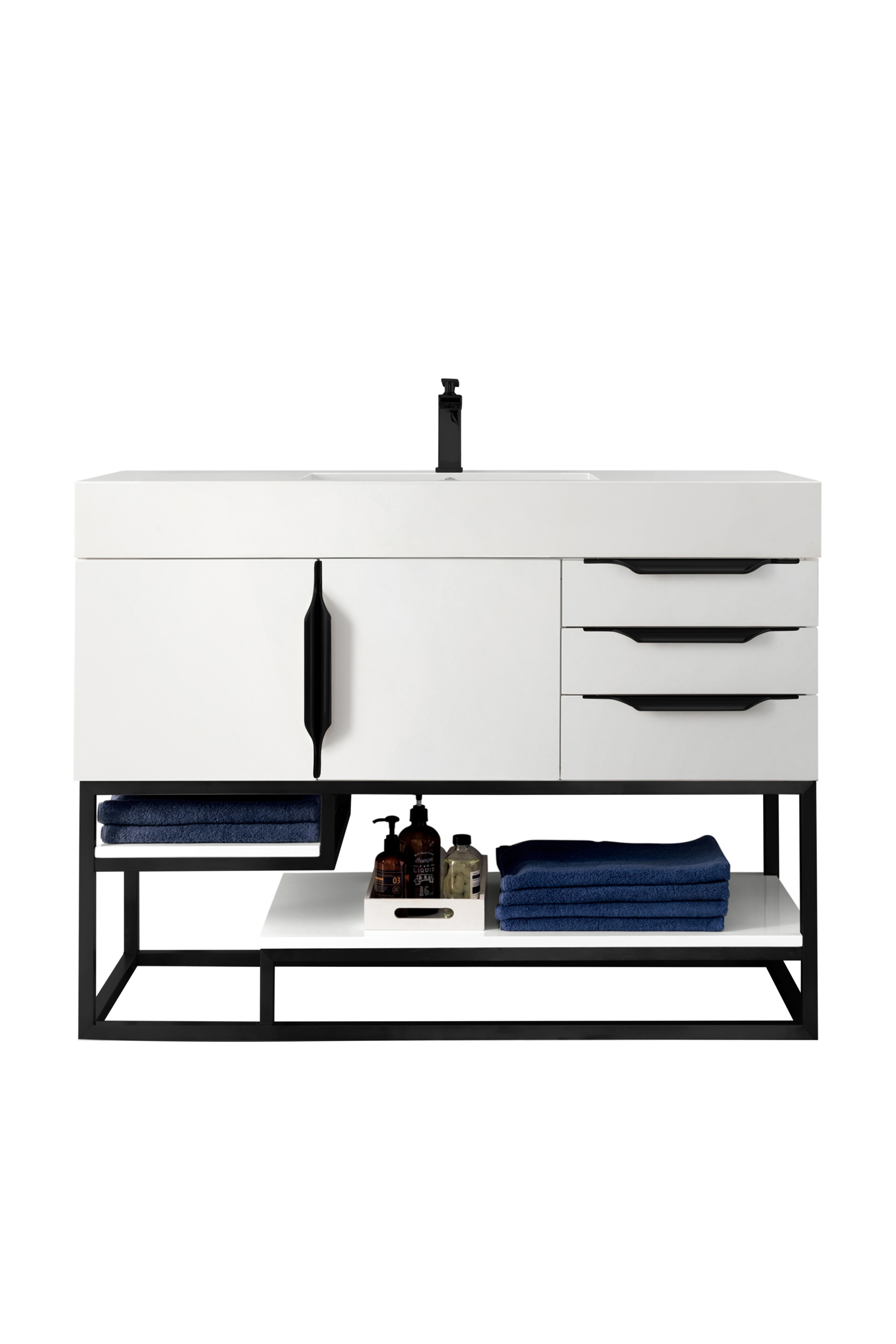 James Martin 388-V48-GW-MB-GW Columbia 48" Single Vanity, Glossy White, Matte Black w/ Glossy White Composite Top