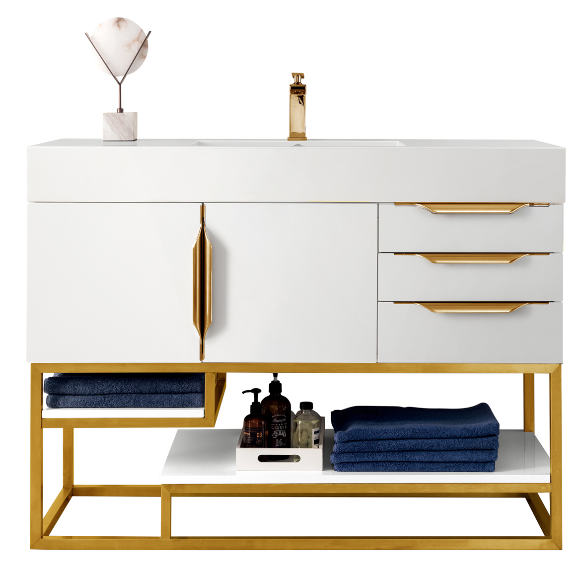 James Martin 388-V48-GW-RG-GW Columbia 48" Single Vanity, Glossy White, Radiant Gold w/ Glossy White Composite Top