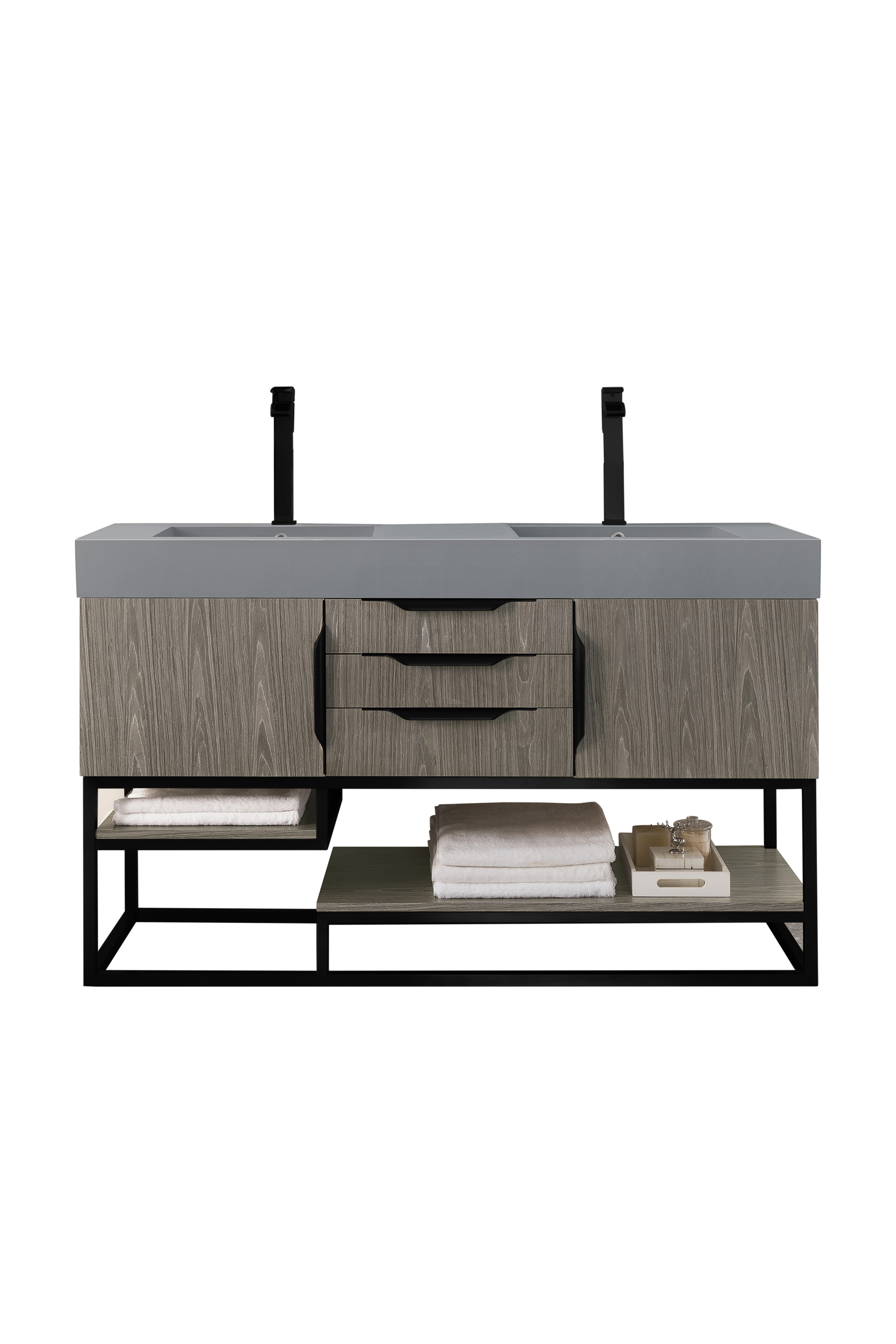 James Martin 388-V59D-AGR-MB-DGG Columbia 59" Double Vanity, Ash Gray, Matte Black w/ Dusk Grey Glossy Composite Top