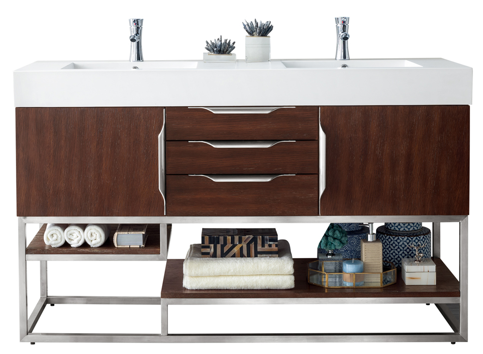 James Martin 388-V59D-CFO-BN-GW Columbia 59" Double Vanity, Coffee Oak w/ Glossy White Composite Top