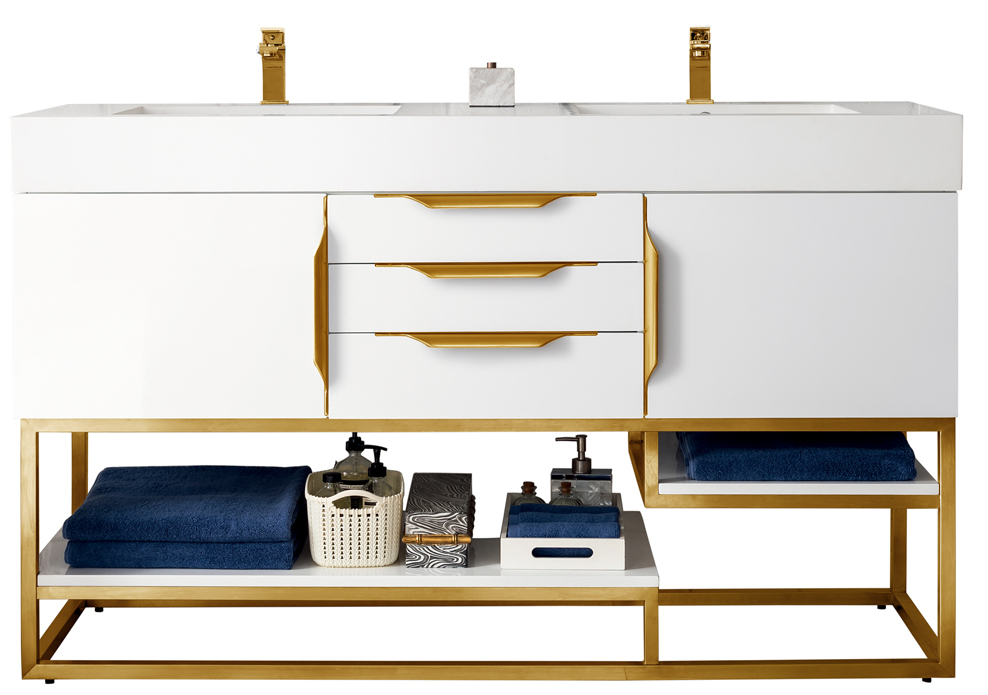 James Martin 388-V59D-GW-RG-GW Columbia 59" Double Vanity, Glossy White, Radiant Gold w/ Glossy White Composite Top