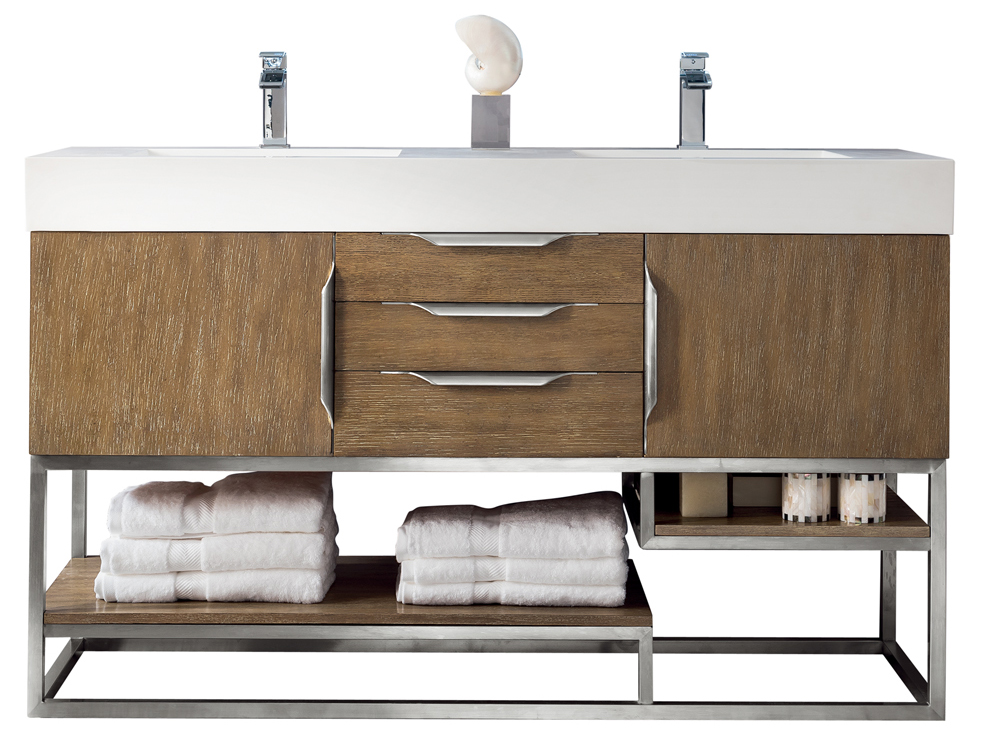 James Martin 388-V59D-LTO-BN-GW Columbia 59" Double Vanity, Latte Oak w/ Glossy White Composite Top