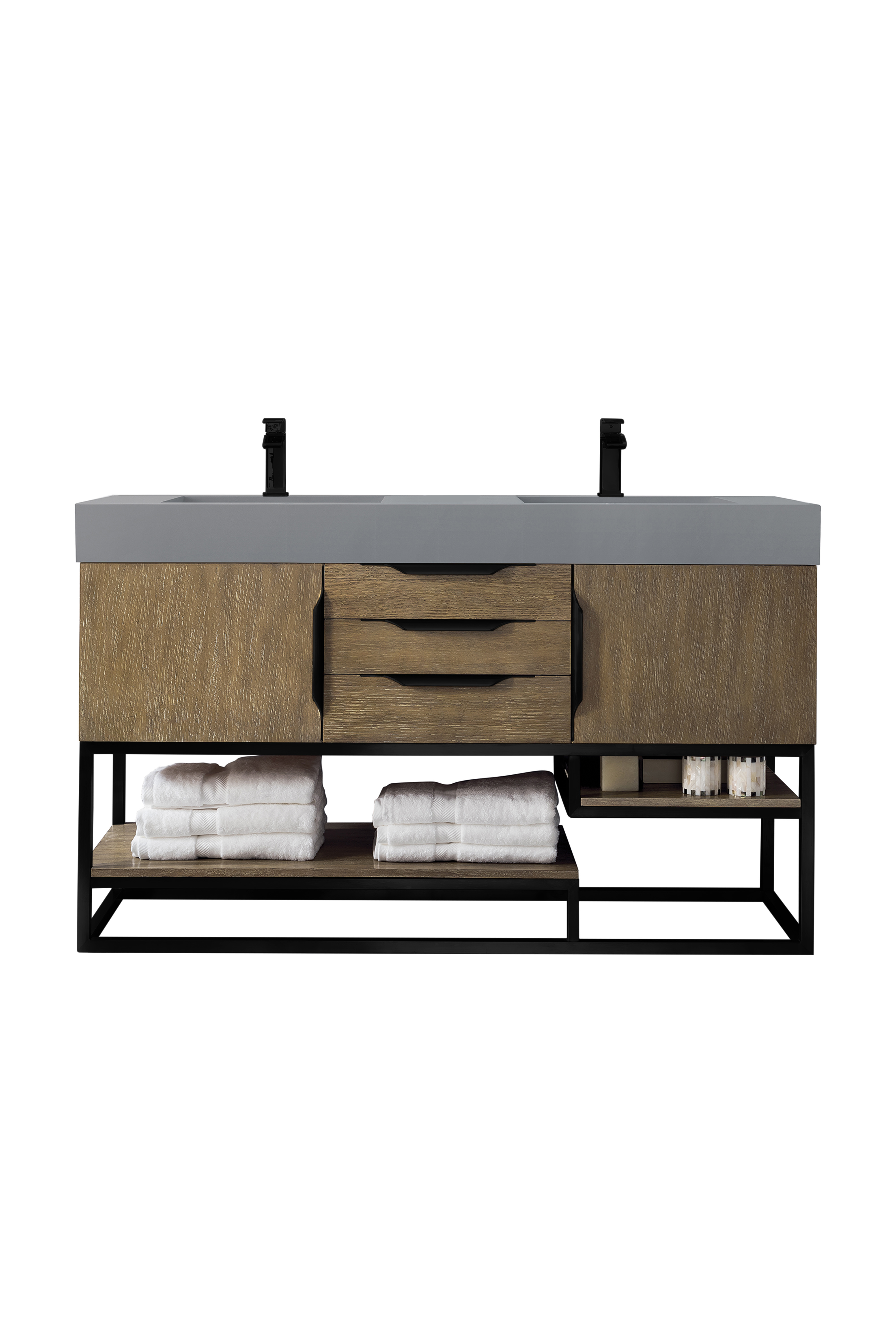 James Martin 388-V59D-LTO-MB-DGG Columbia 59" Double Vanity, Latte Oak, Matte Black w/ Dusk Grey Glossy Composite Top