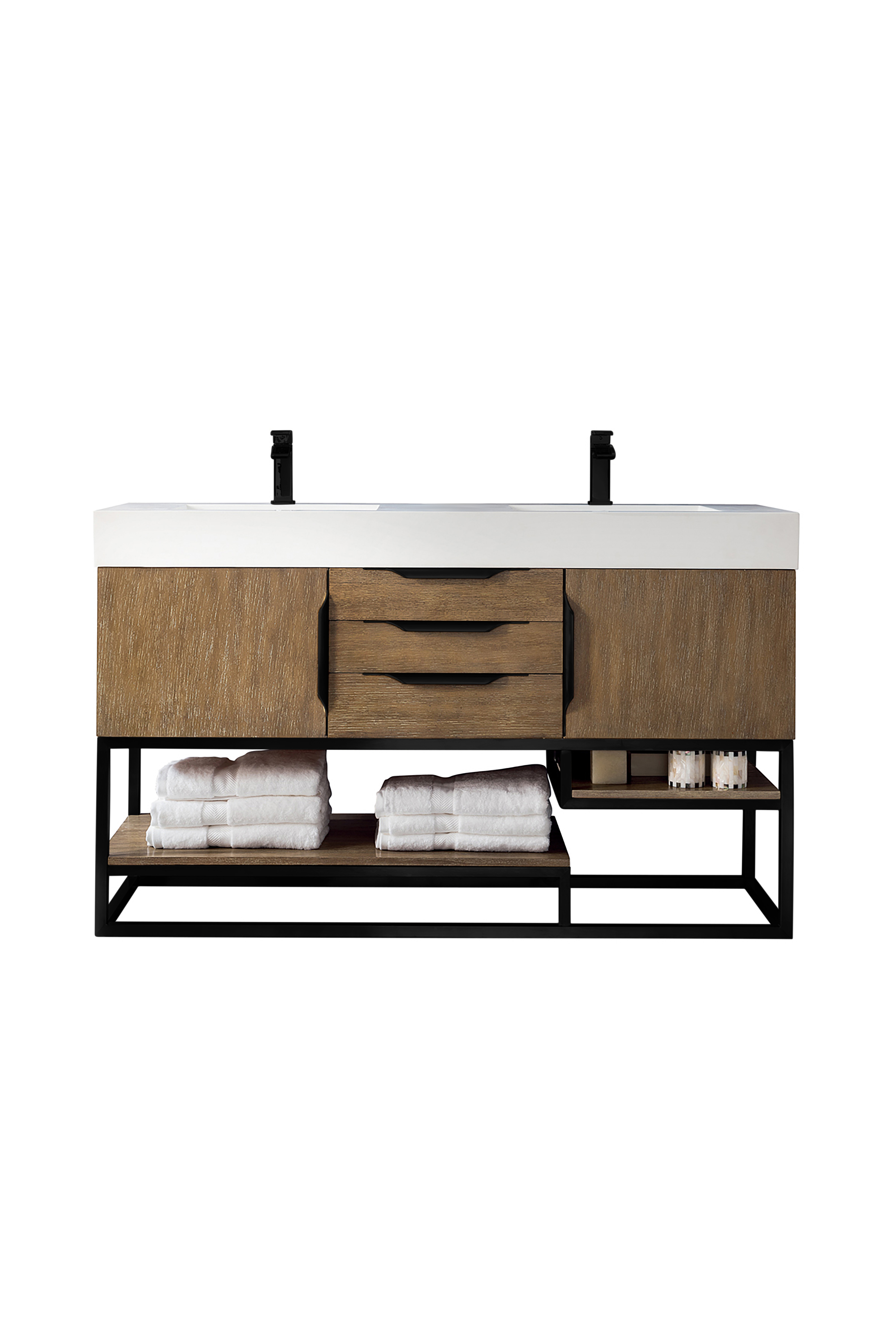 James Martin 388-V59D-LTO-MB-GW Columbia 59" Double Vanity, Latte Oak, Matte Black w/ Glossy White Composite Top