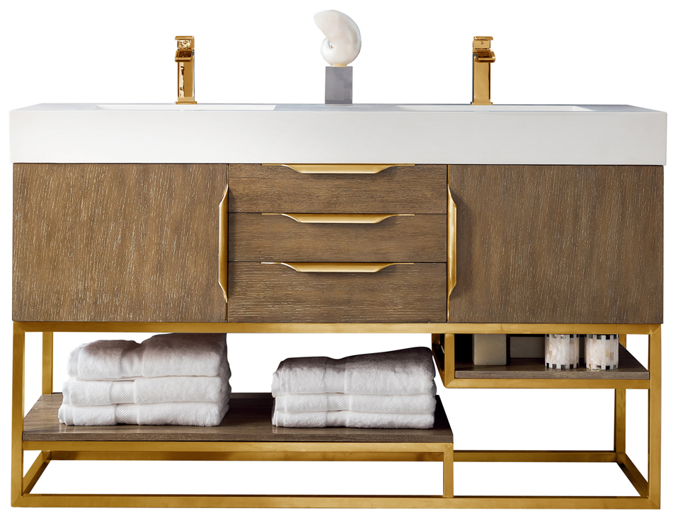 James Martin 388-V59D-LTO-RG-GW Columbia 59" Double Vanity, Latte Oak, Radiant Gold w/ Glossy White Composite Top